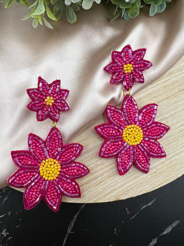 Beaded Shining Magenta/Pink Flower quirky earring/Handmade earring/Statement Earring/Boho Earring/Beaded earring/Ethnic Earring/Valentines