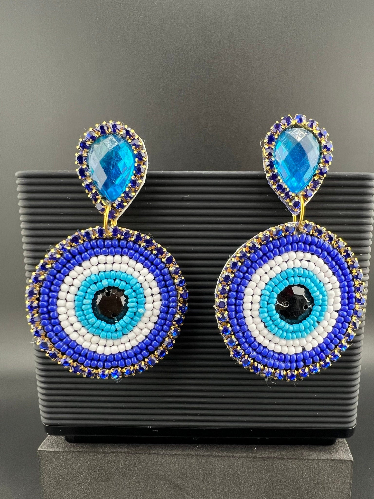 Evil eye Beaded Dangle earrings/Handmade earring/Statement Earring/Boho Earring/Fashion Jewelry/Ethnic Earring/Quirky earrings/Blue earrings