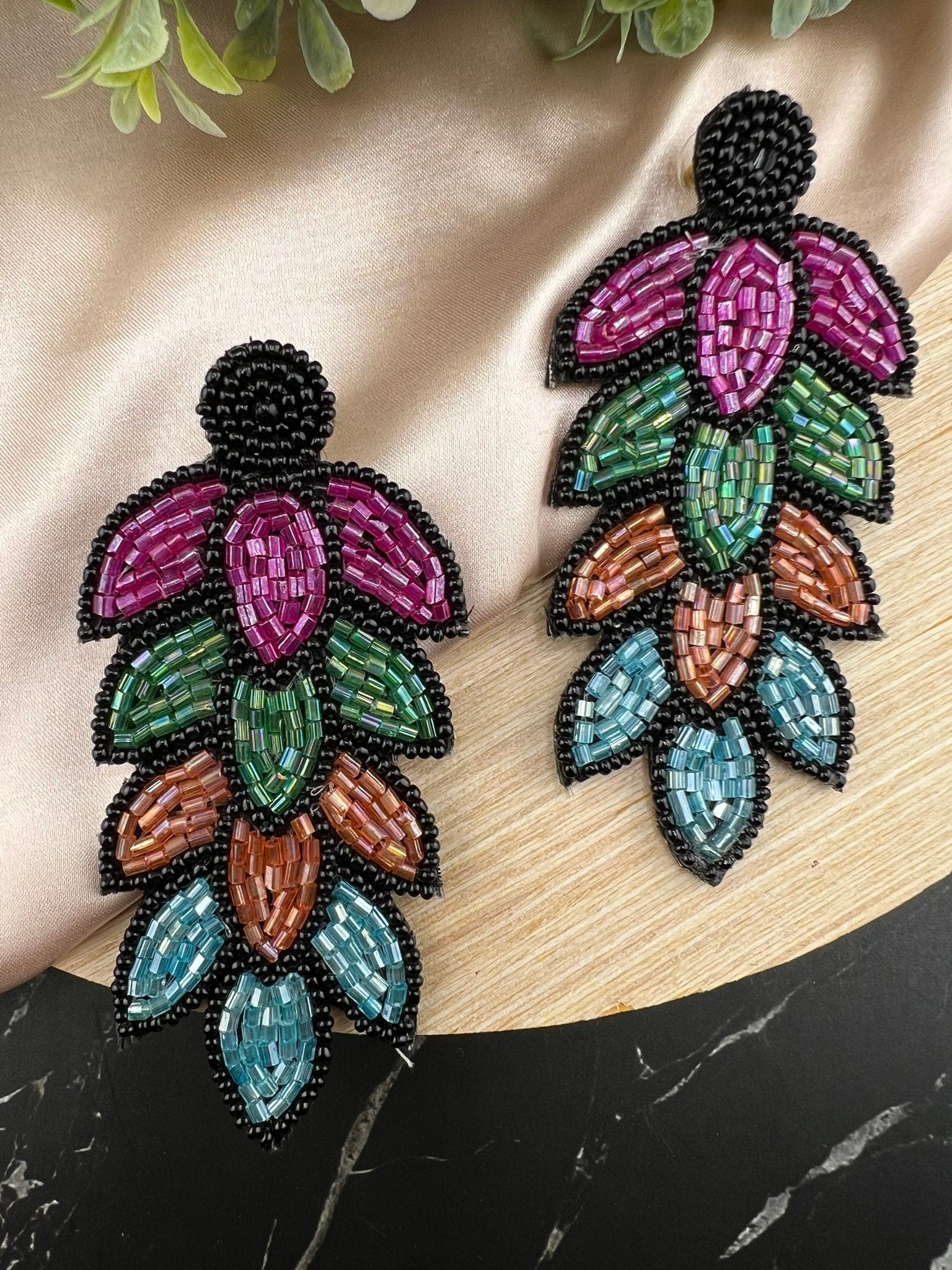 Beaded Shining Multicolor Leaves quirky earring/Handmade earring/Statement Earring/Boho Earring/Beaded earring/Ethnic Earring/Valentine gift