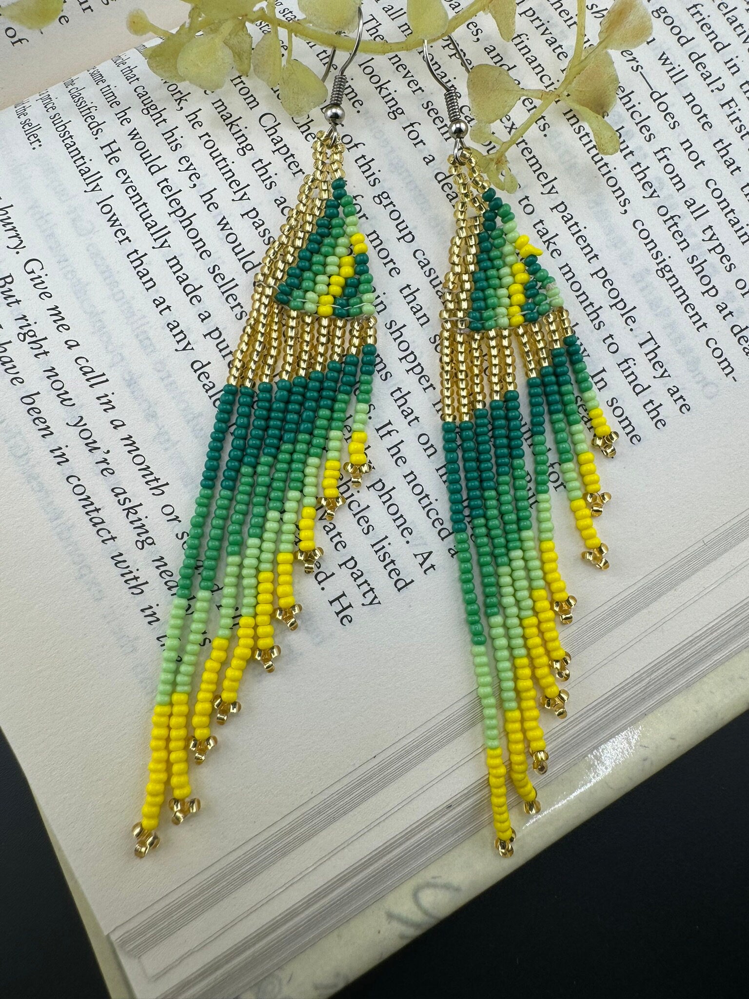 Beaded Long Green Yellow Golden quirky earring/Handmade earring/Statement Earring/Boho Earring/Beaded earring/Ethnic Earring/Valentine gift