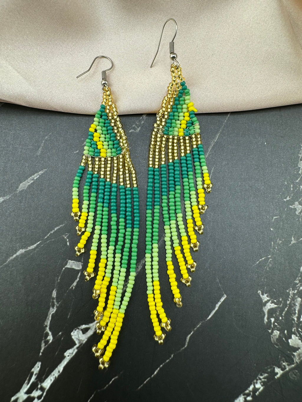 Beaded Long Green Yellow Golden quirky earring/Handmade earring/Statement Earring/Boho Earring/Beaded earring/Ethnic Earring/Valentine gift