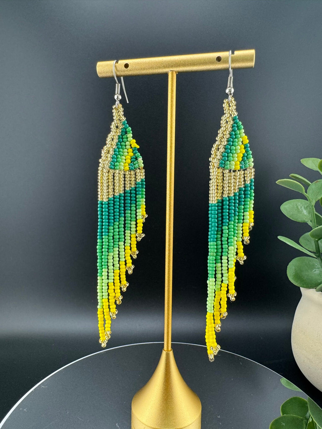 Beaded Long Green Yellow Golden quirky earring/Handmade earring/Statement Earring/Boho Earring/Beaded earring/Ethnic Earring/Valentine gift