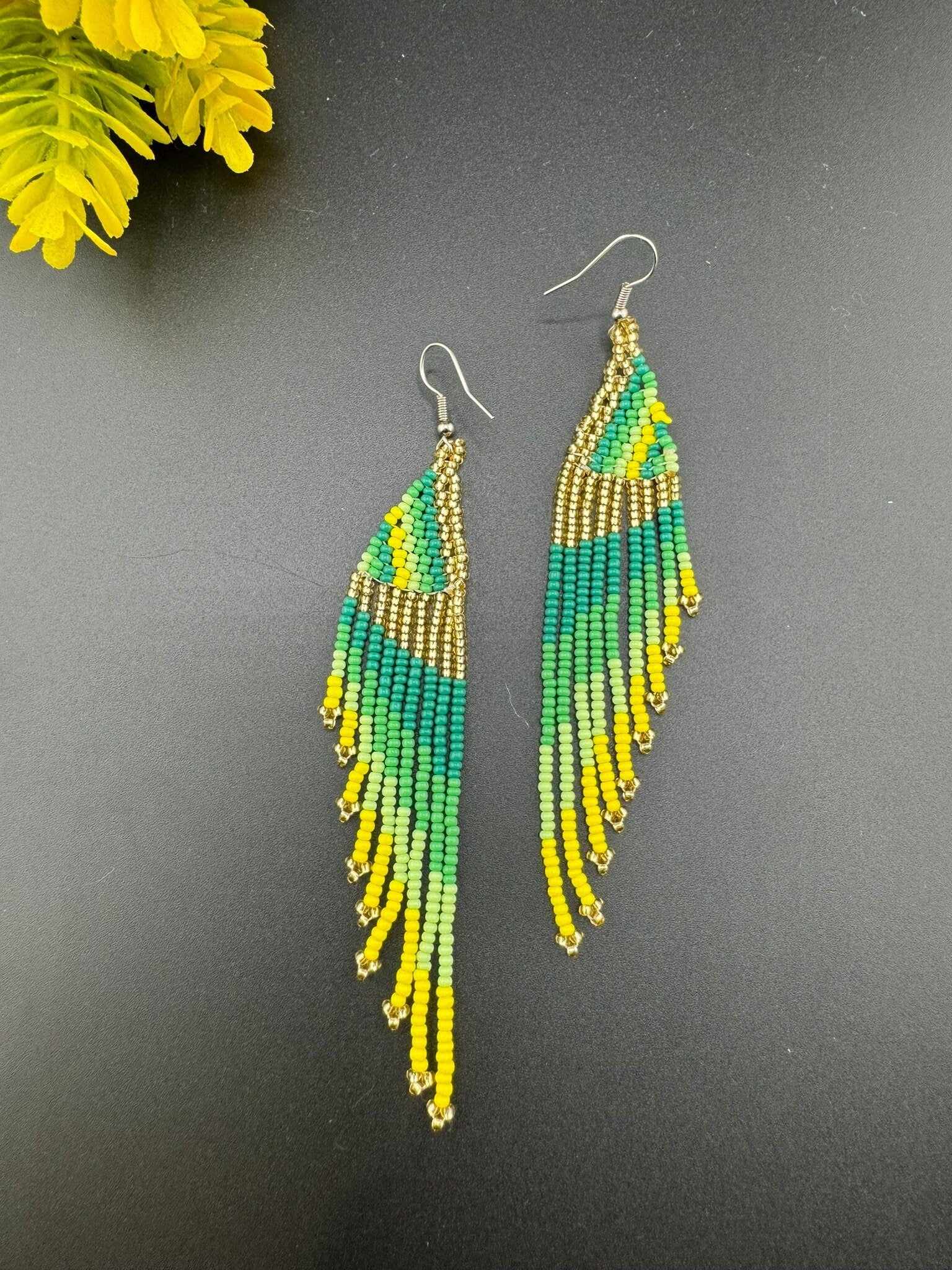 Beaded Long Green Yellow Golden quirky earring/Handmade earring/Statement Earring/Boho Earring/Beaded earring/Ethnic Earring/Valentine gift