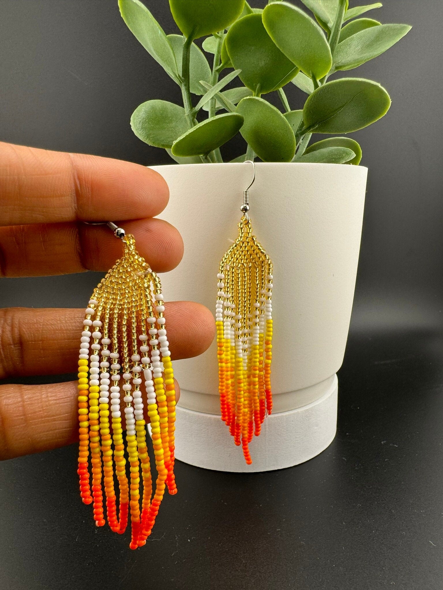 Beaded Long Orange Yellow Golden quirky earring/Handmade earring/Statement Earring/Boho Earring/Beaded earring/Ethnic Earring/Valentine gift