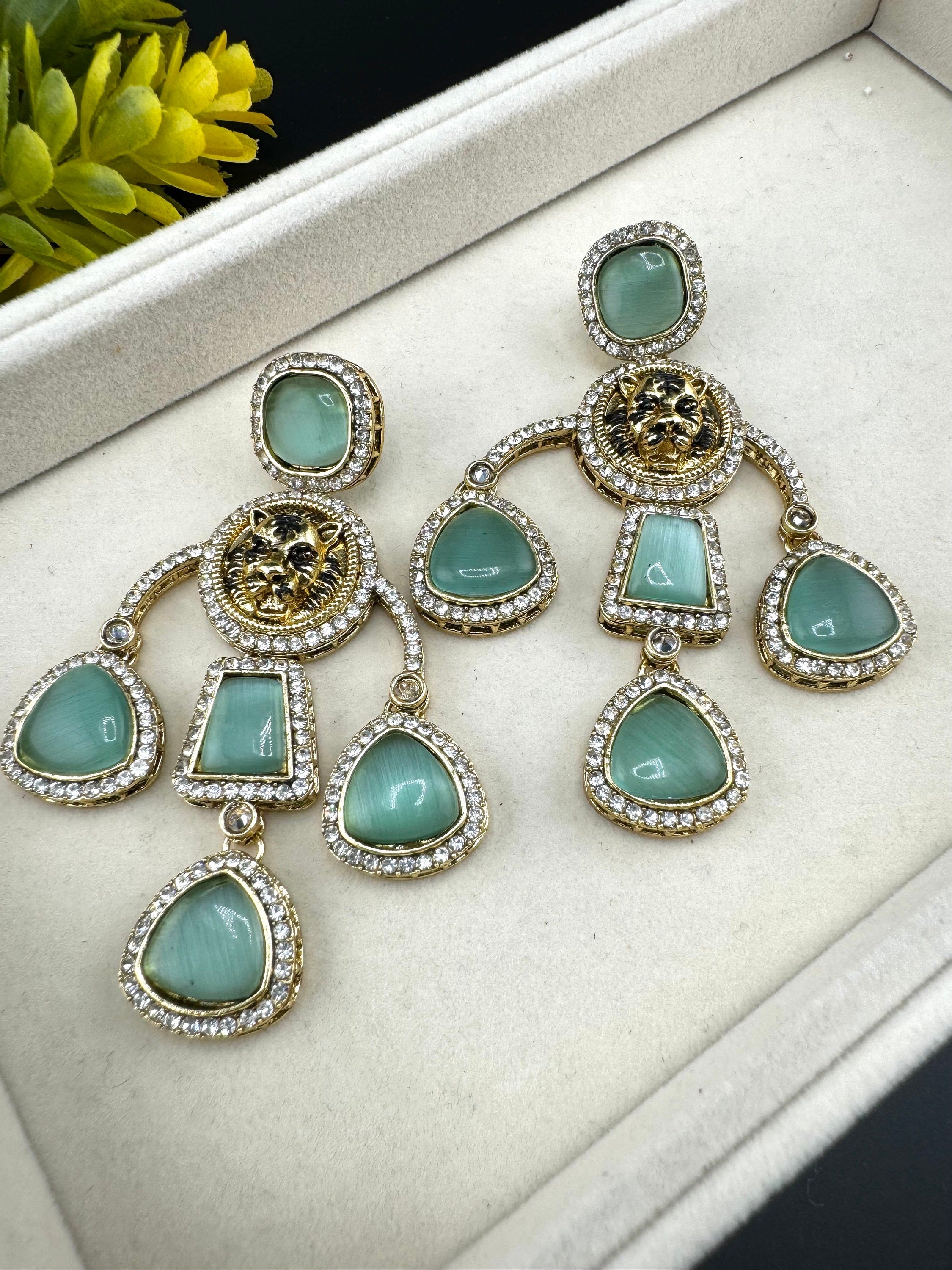 Premium Sabyasachi inspired designer Chand Bali earring Mint Green/Long Chandelier earring/Gold earring/Long Indian Earring/Bridal Earring
