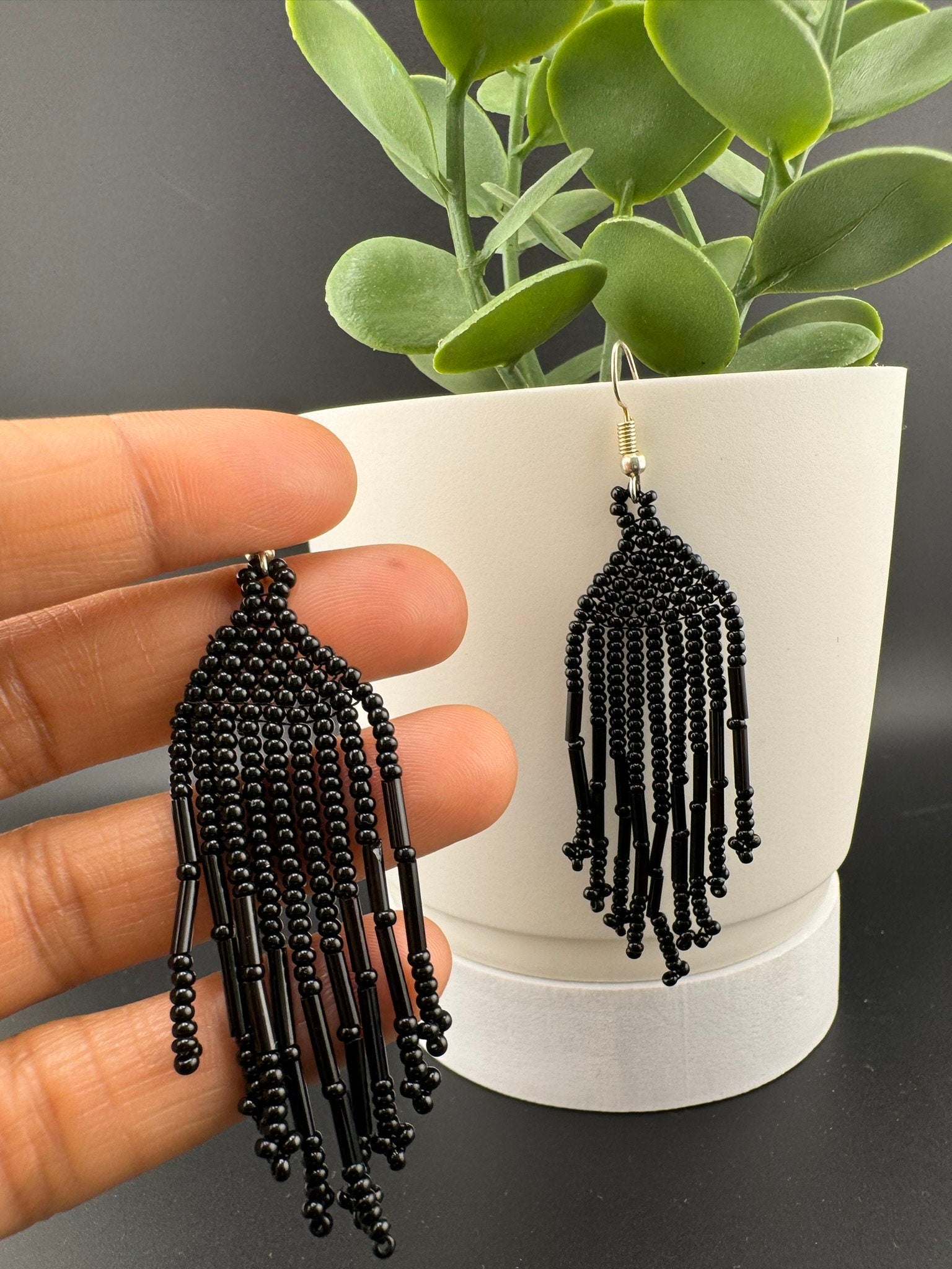 Beaded Long Black quirky earring/Handmade earring/Statement Earring/Boho Earring/Beaded earring/Ethnic Earring/Valentine gift/Party jewelry