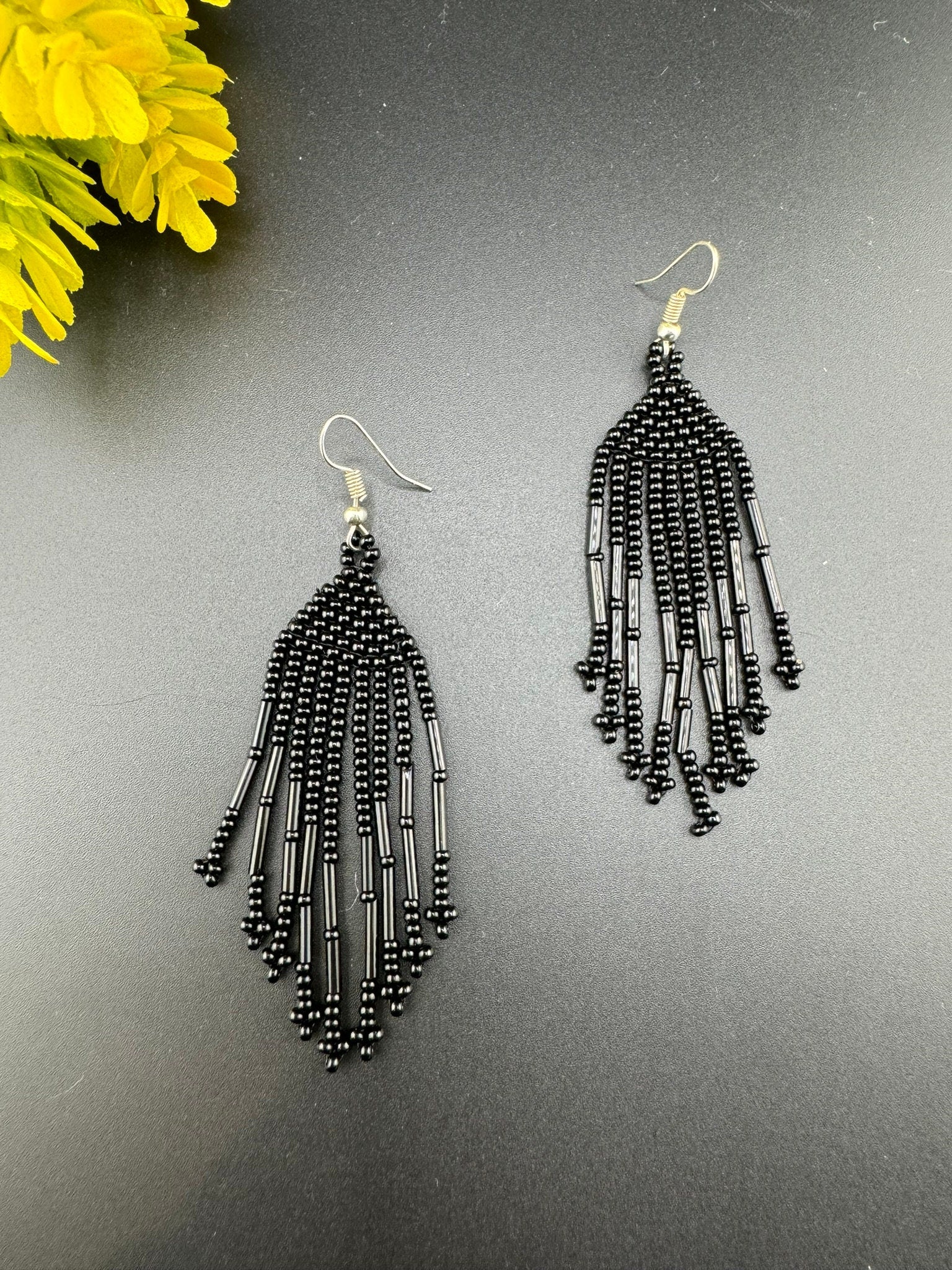 Beaded Long Black quirky earring/Handmade earring/Statement Earring/Boho Earring/Beaded earring/Ethnic Earring/Valentine gift/Party jewelry