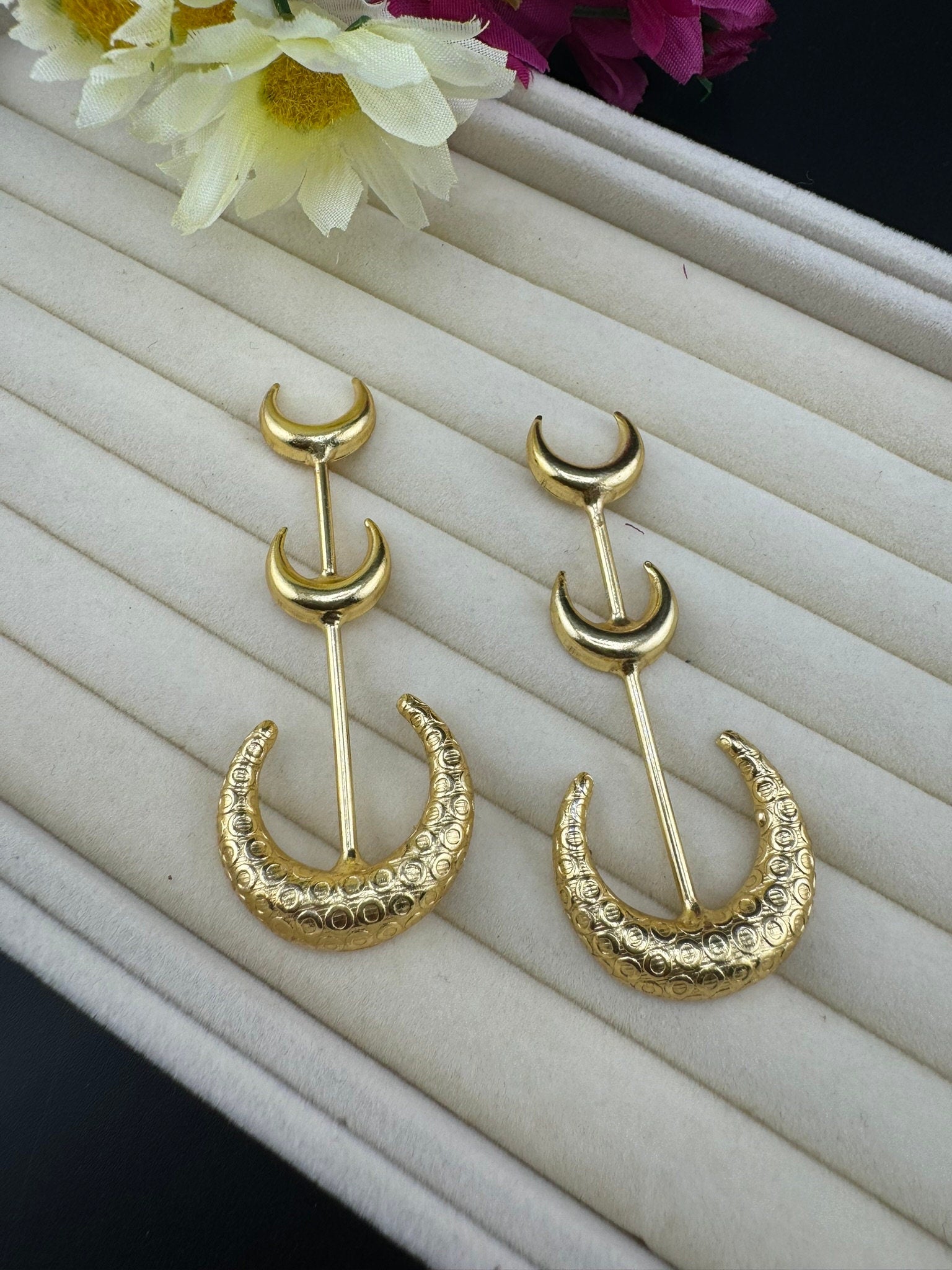 Premium Matt Gold quirky earrings in crescent moon design/Statement earrings/everyday jewelry/Indian Earrings/Bridal Earring/sleek earrings