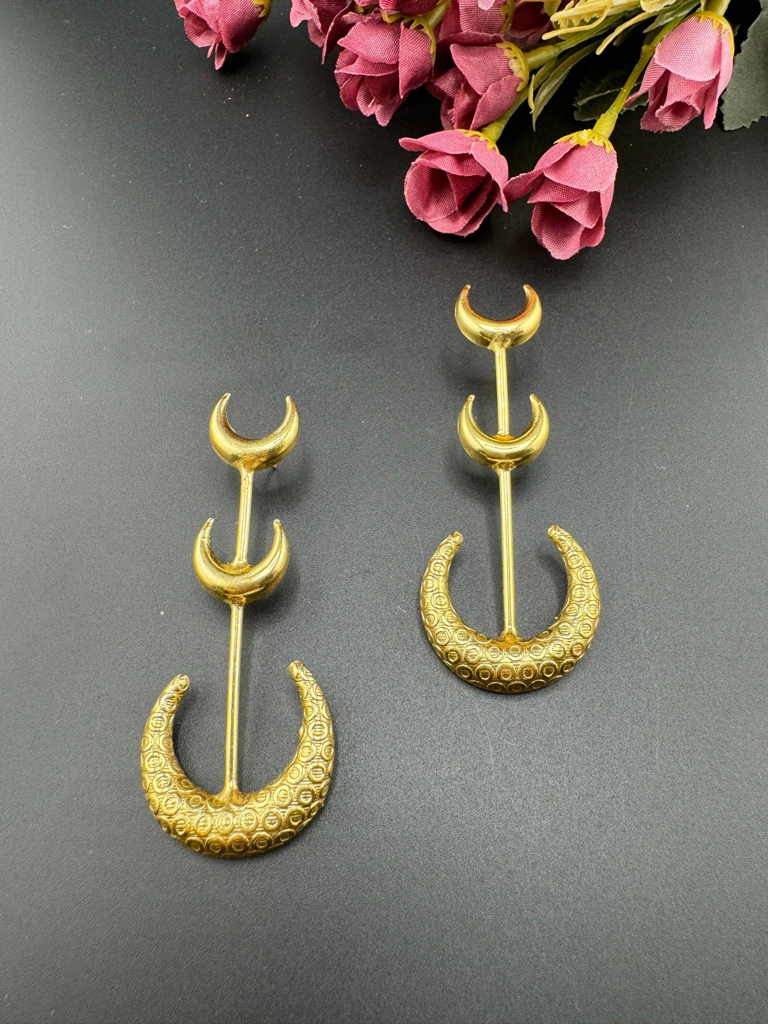 Crescent moon Premium Matt Gold statement long earrings
