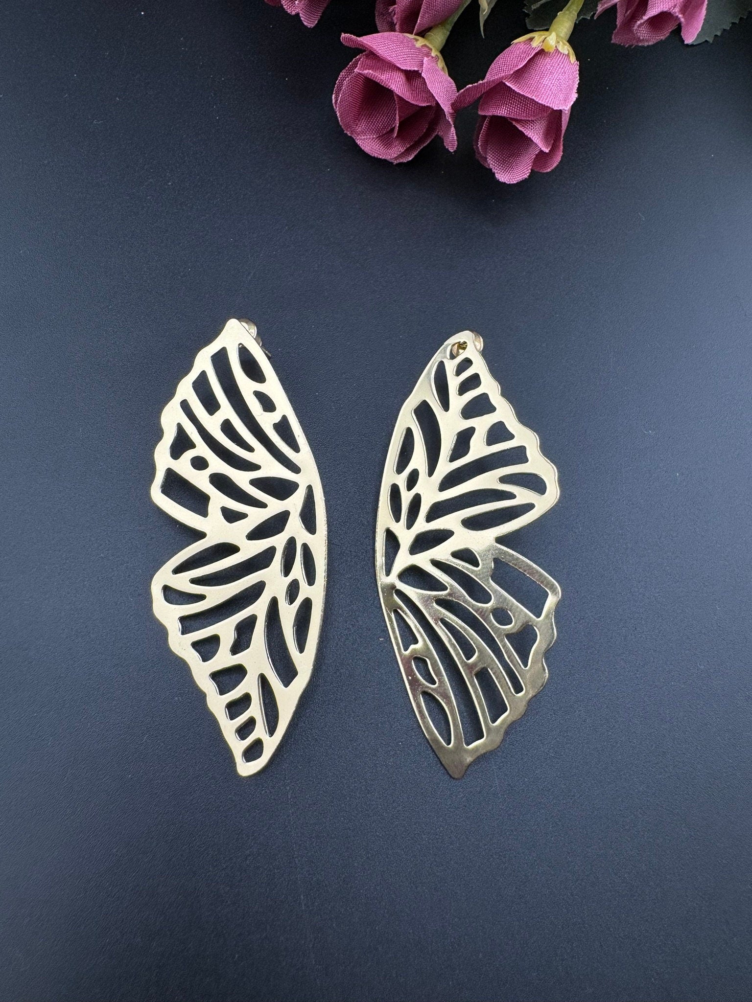 Premium Gold brass quirky earrings in unique sleek butterfly wings design/Statement earrings/everyday jewelry/Indian Earrings/Bridal Earring