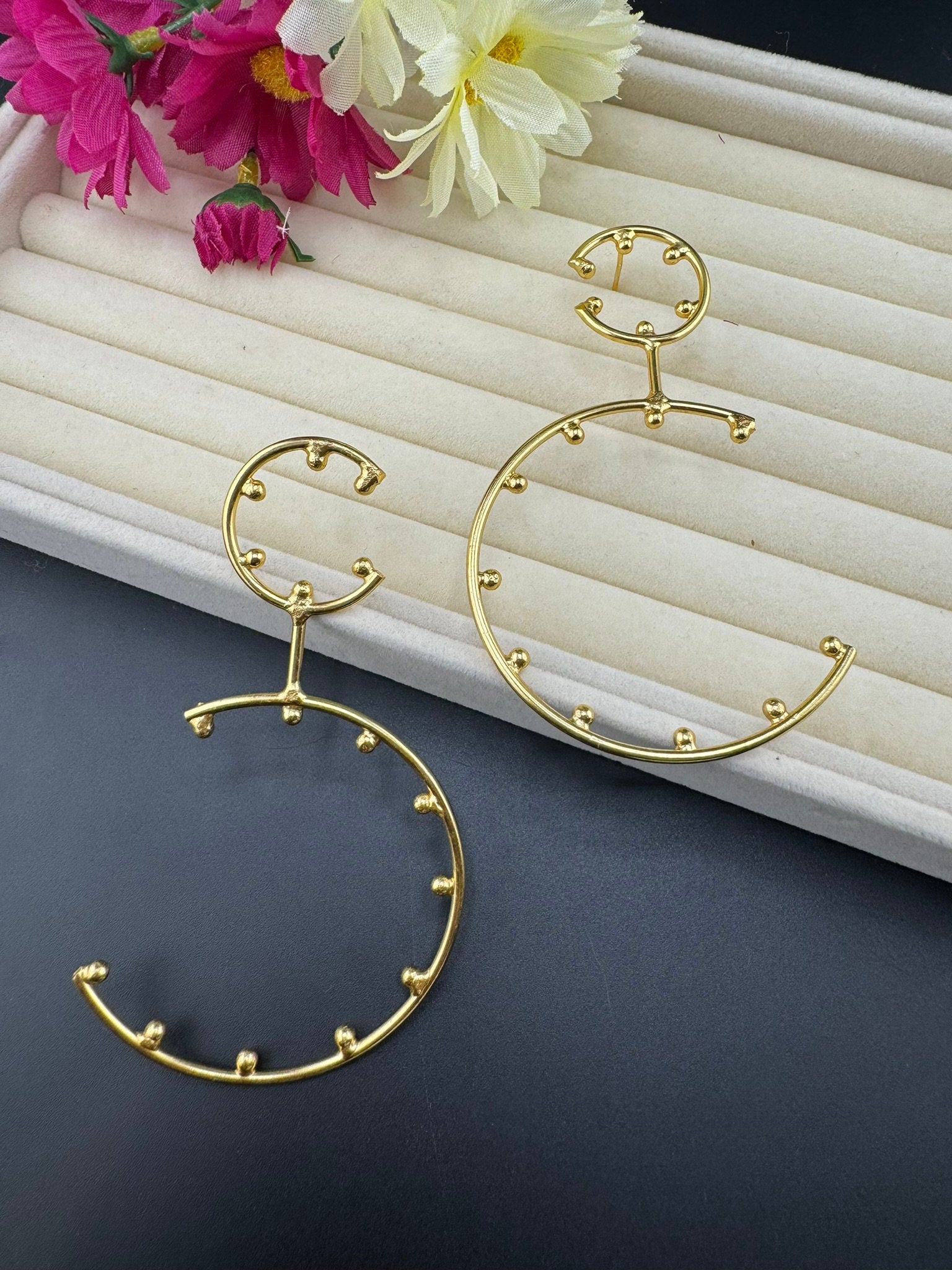 Premium Matt Gold quirky long earrings in unique C Hoops design/Statement earrings/everyday jewelry/Indian Earrings/Bridal Earring/Hoops