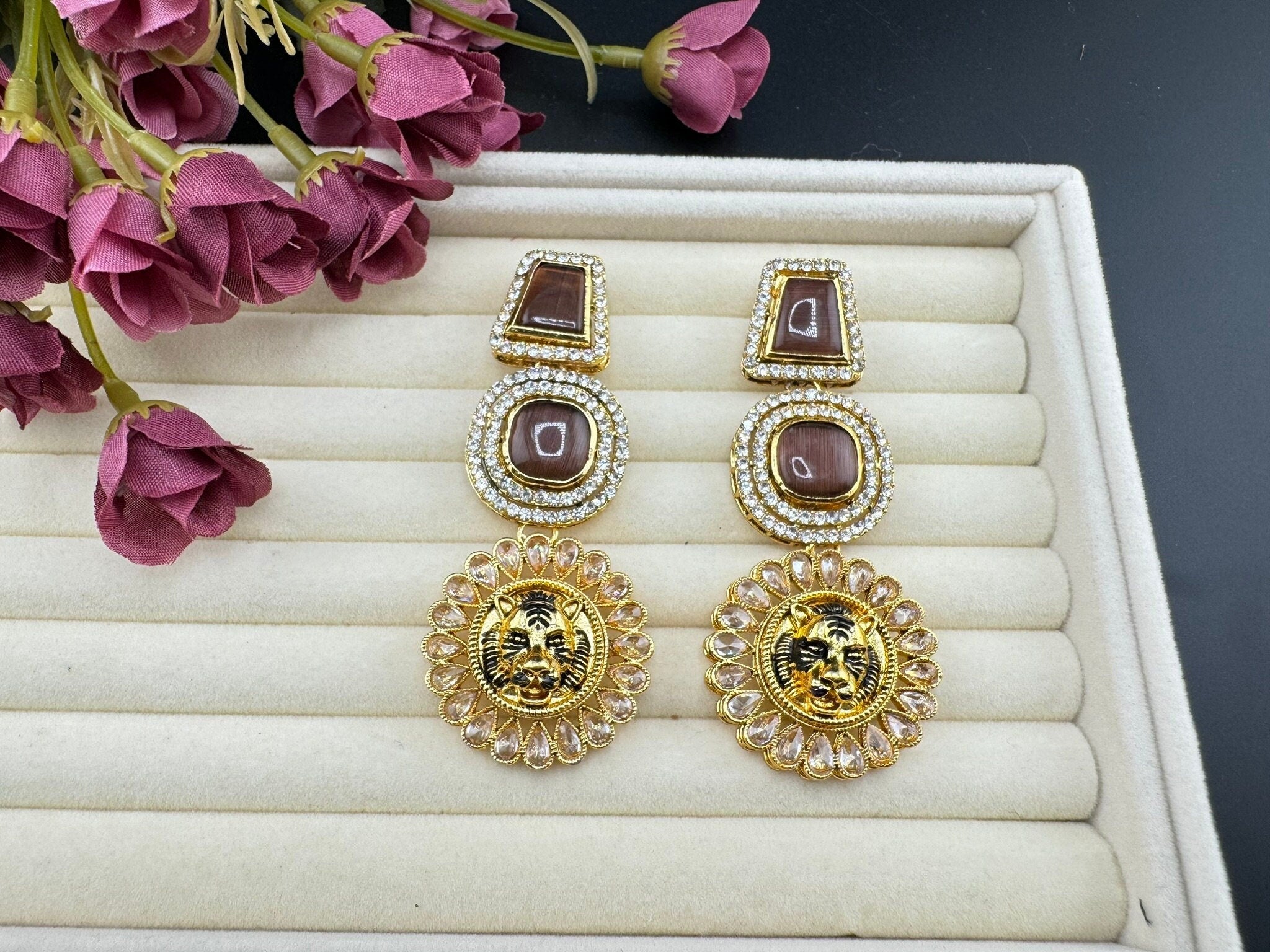 Premium Sabyasachi inspired designer Chand Bali earring Wine Brown color/Long Chandelier earring/Gold earring/Indian Earring/Bridal Earring