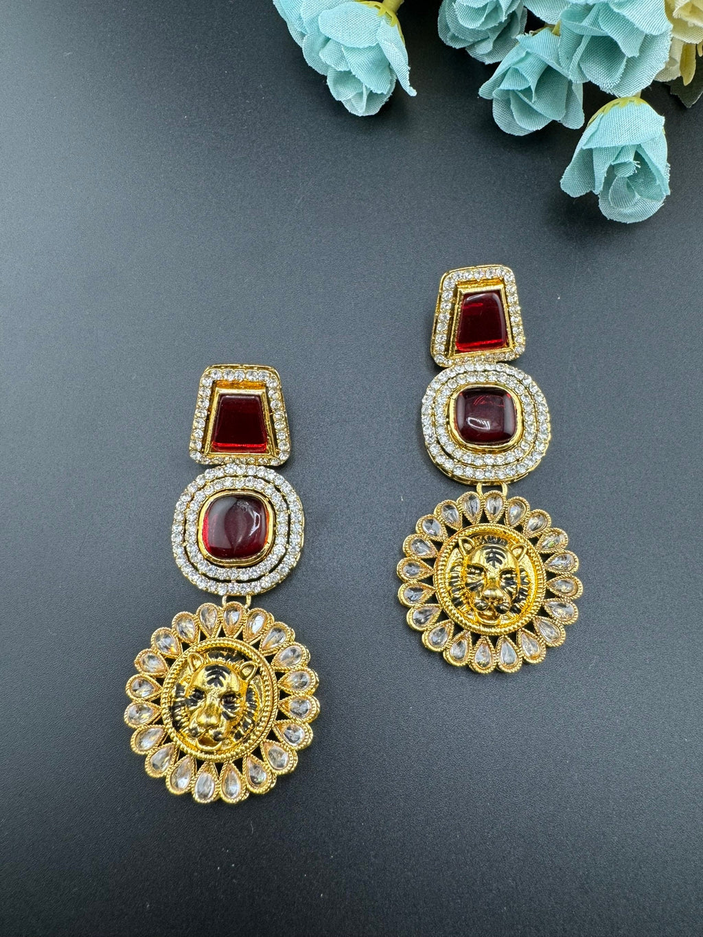 Premium Sabyasachi inspired designer Chand Bali earring Ruby Red/Long Chandelier earring/Gold earring/Long Indian Earring/Bridal Earring