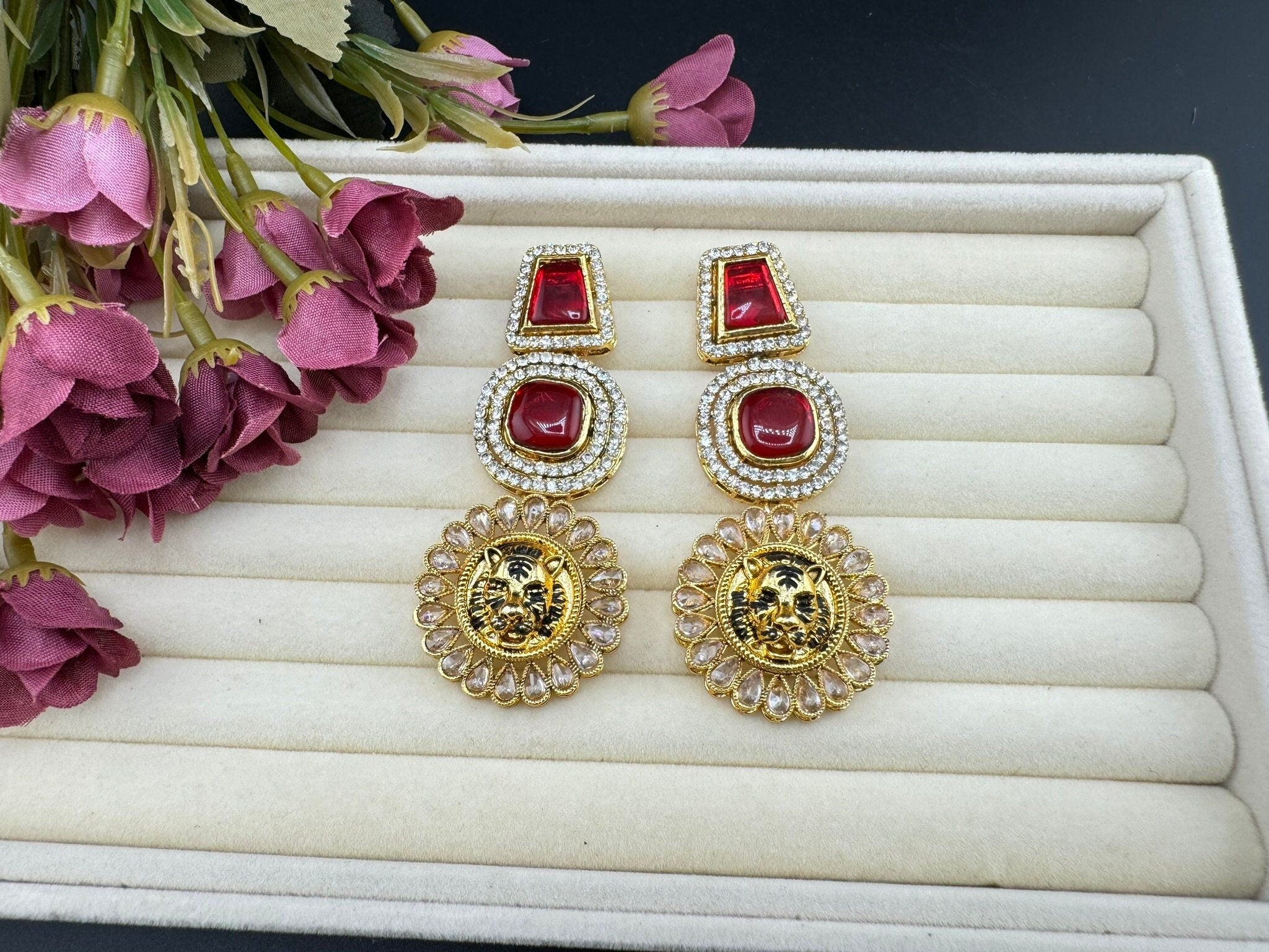 Premium Sabyasachi inspired designer Chand Bali earring Ruby Red/Long Chandelier earring/Gold earring/Long Indian Earring/Bridal Earring