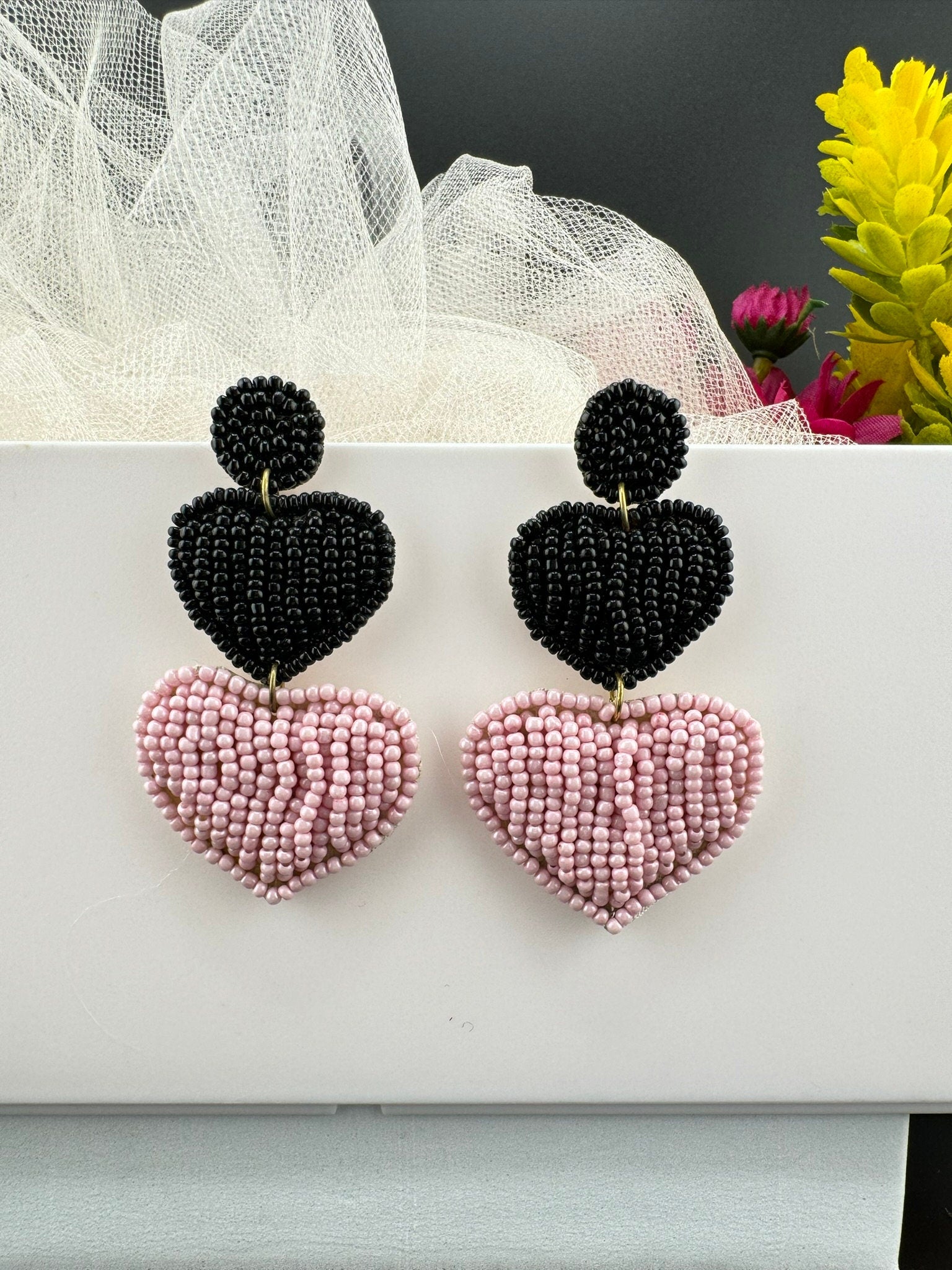 Beaded Baby Pink and Black Heart quirky earring/Handmade earring/Statement Earring/Boho Earring/Beaded earring/Ethnic Earring/Valentines day