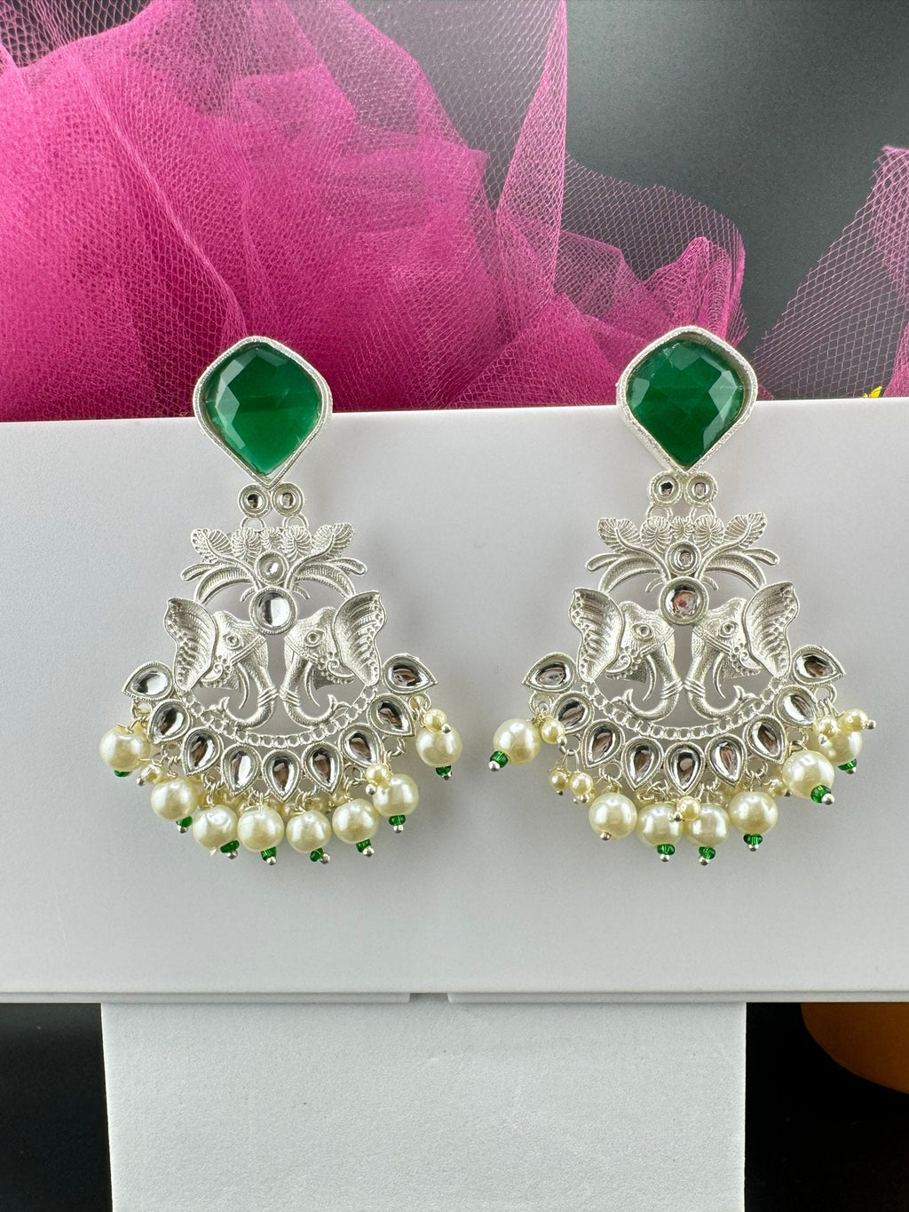 Silver Polish Premium Oxidized German silver Chand Bali with Emerald Green stones pearls Elephant Design/Boho Earring/Ethnic Earring