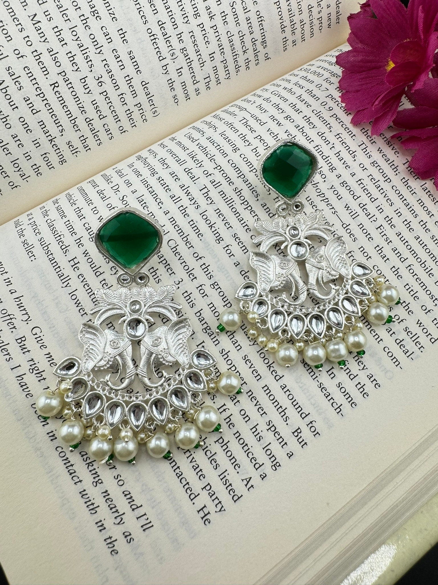 Silver Polish Premium Oxidized German silver Chand Bali with Emerald Green stones pearls Elephant Design/Boho Earring/Ethnic Earring