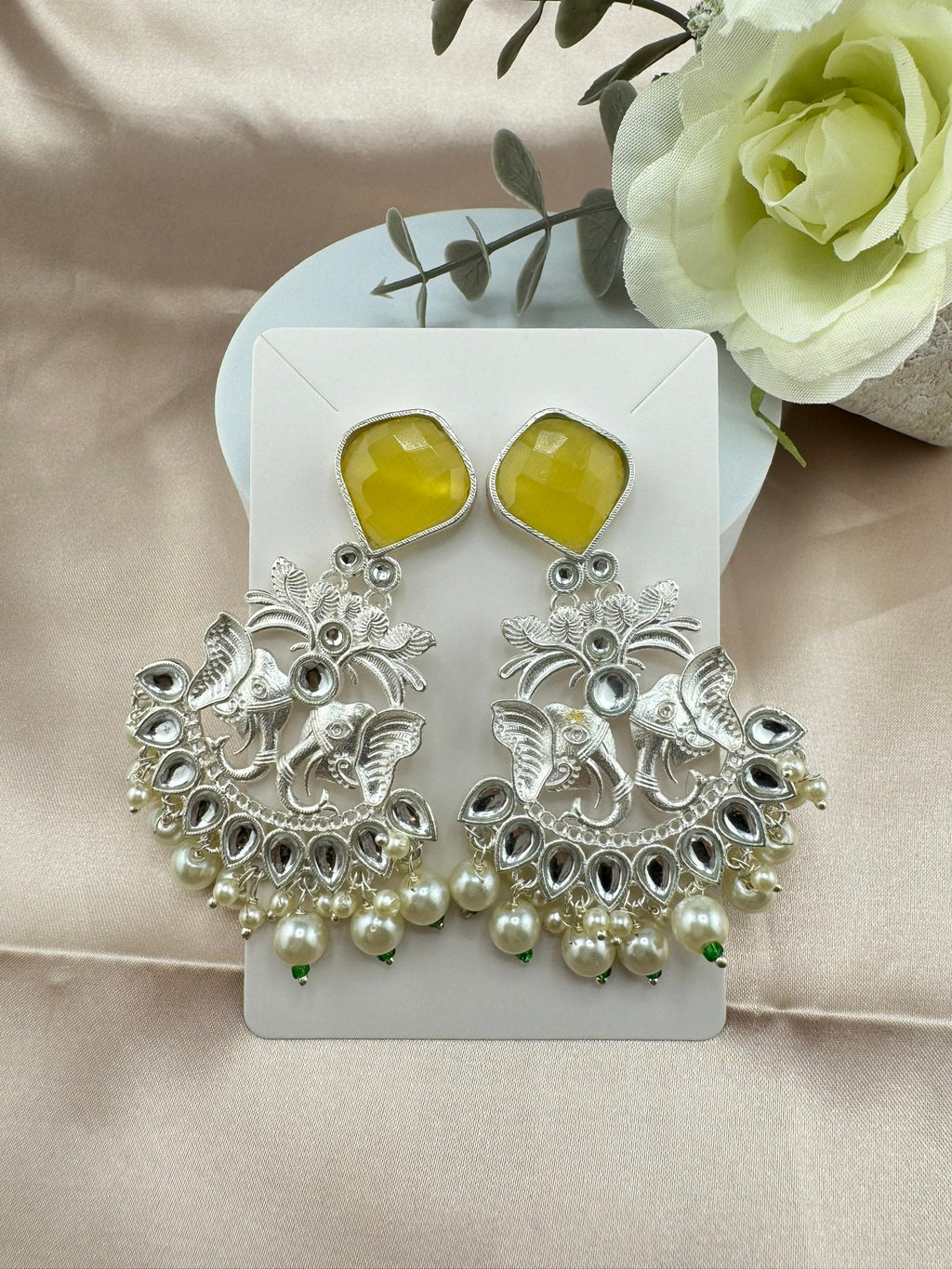 Silver Polish Premium Oxidized German silver Chand Bali with Yellow stones pearls and Elephant Design/Boho Earring/Ethnic Earring