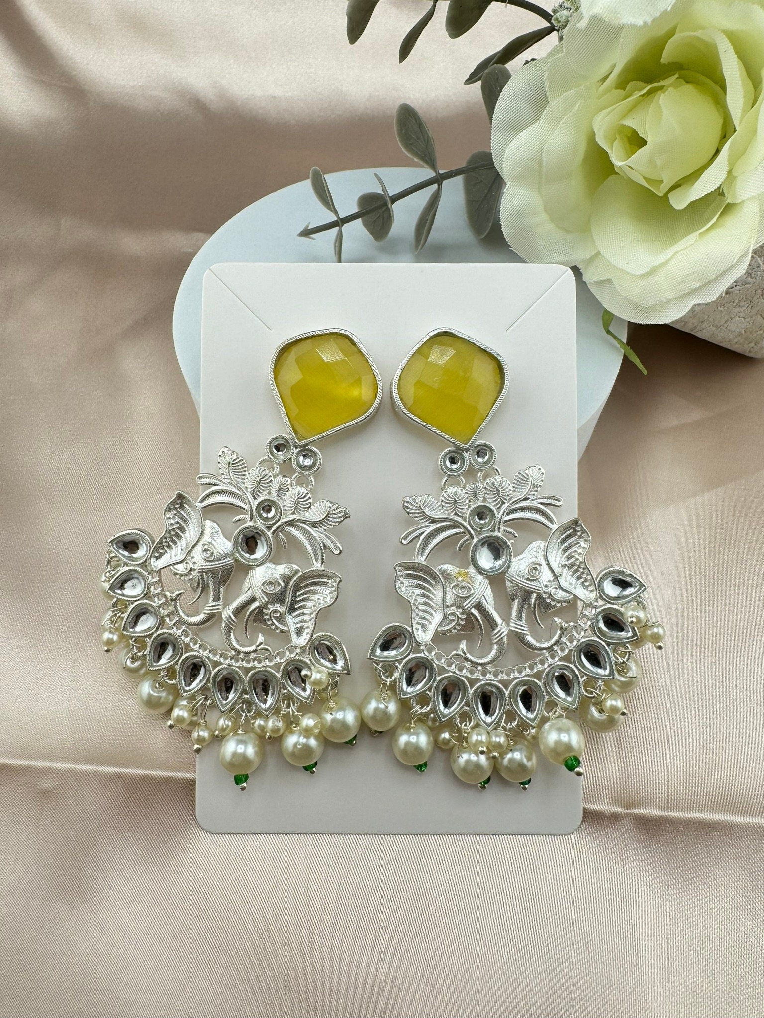 Silver Polish Premium Oxidized German silver Chand Bali with Yellow stones pearls and Elephant Design/Boho Earring/Ethnic Earring