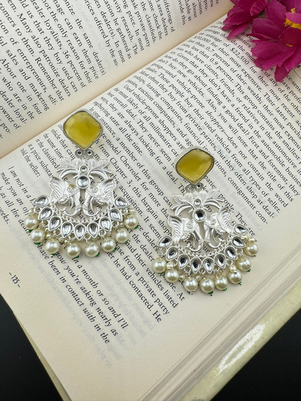 Silver Polish Premium Oxidized German silver Chand Bali with Yellow stones pearls and Elephant Design/Boho Earring/Ethnic Earring