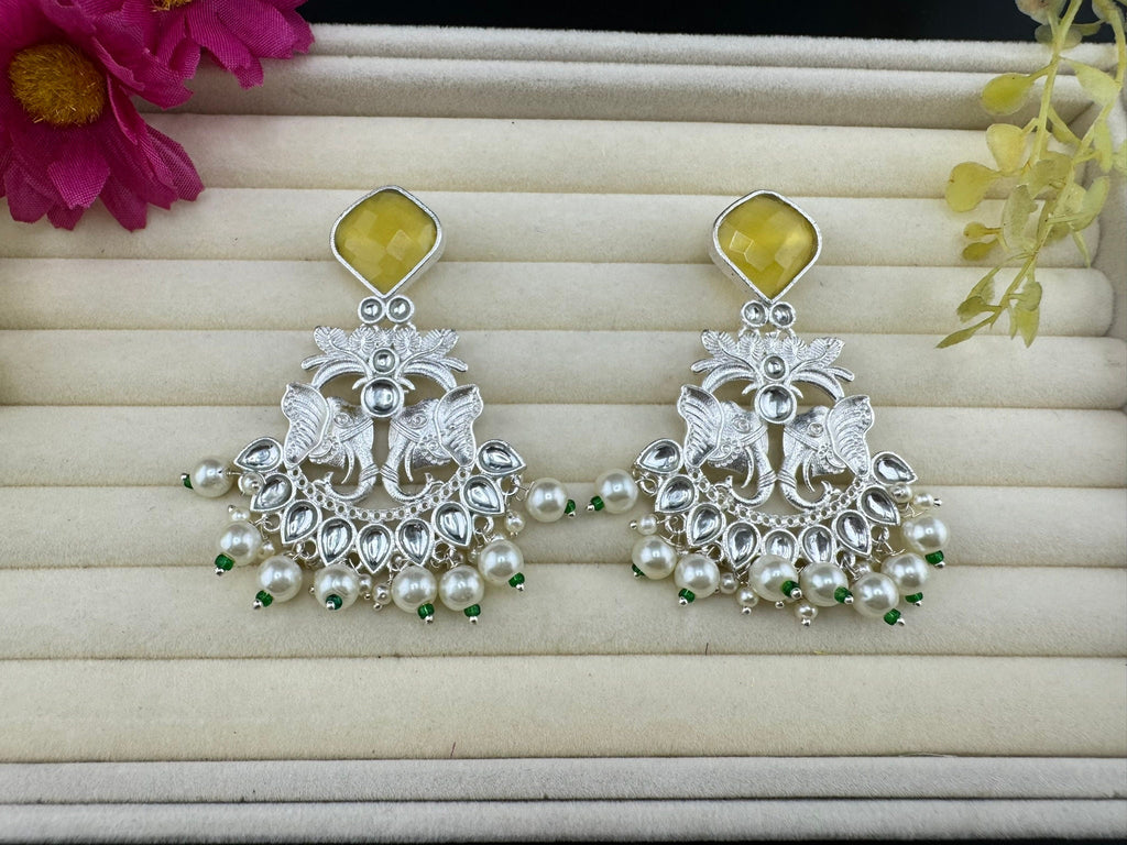 Silver Polish Premium Oxidized German silver Chand Bali with Yellow stones pearls and Elephant Design/Boho Earring/Ethnic Earring
