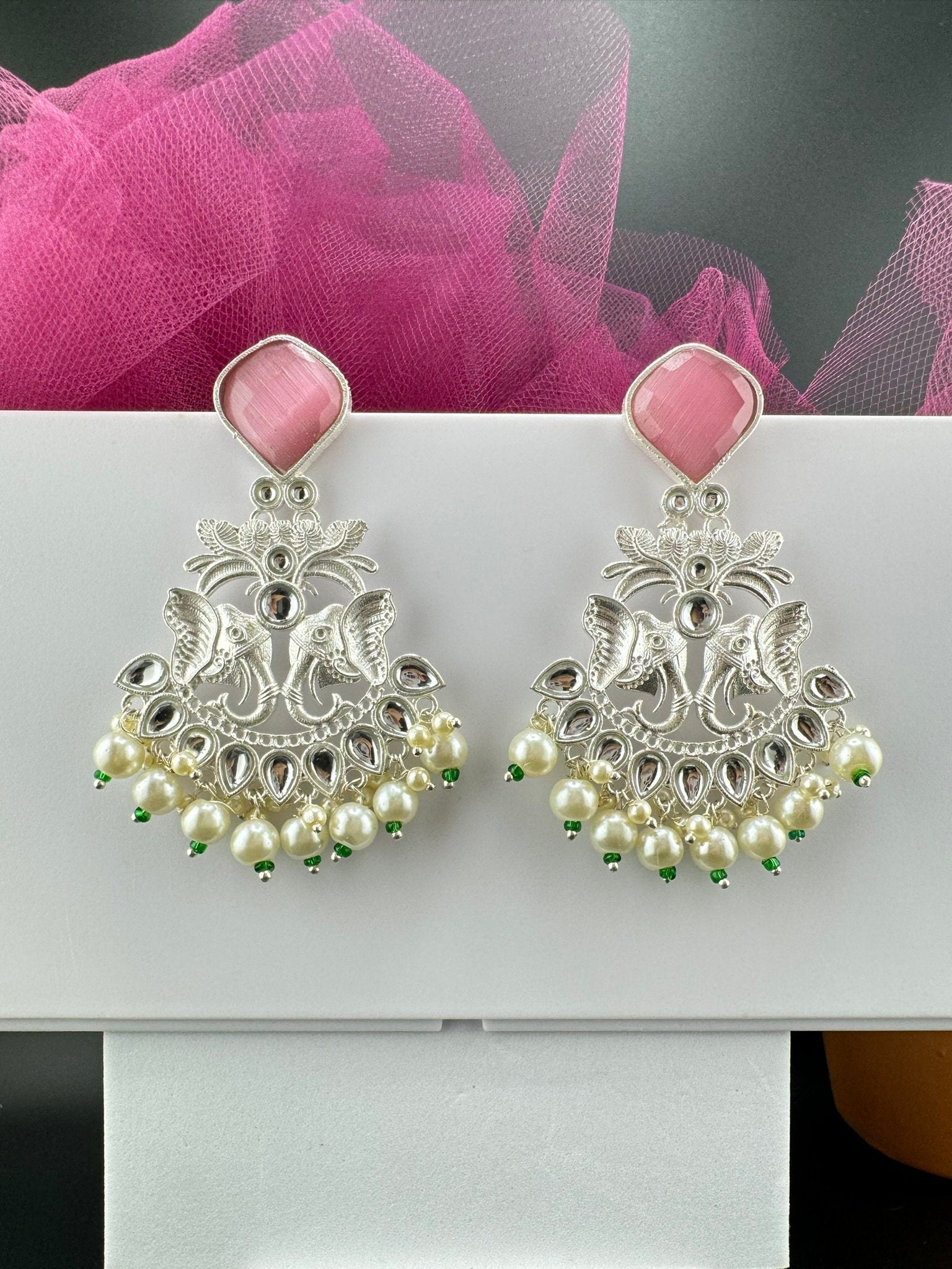 Silver Polish Premium Oxidized German silver Chand Bali with Pink stones pearls and Elephant Design/Boho Earring/Ethnic Earring