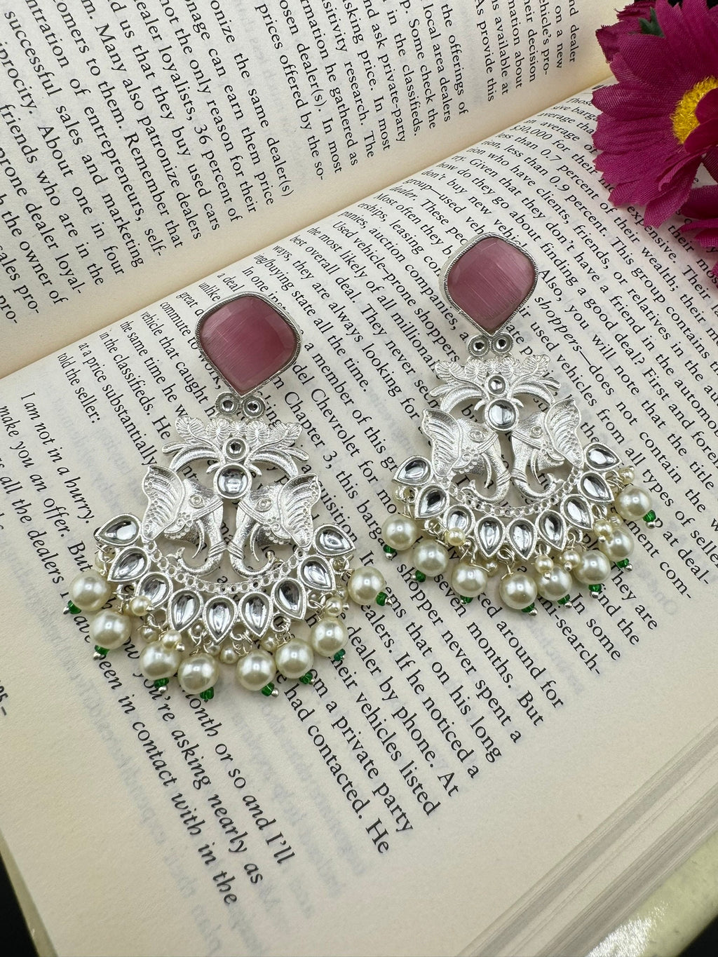 Silver Polish Premium Oxidized German silver Chand Bali with Pink stones pearls and Elephant Design/Boho Earring/Ethnic Earring