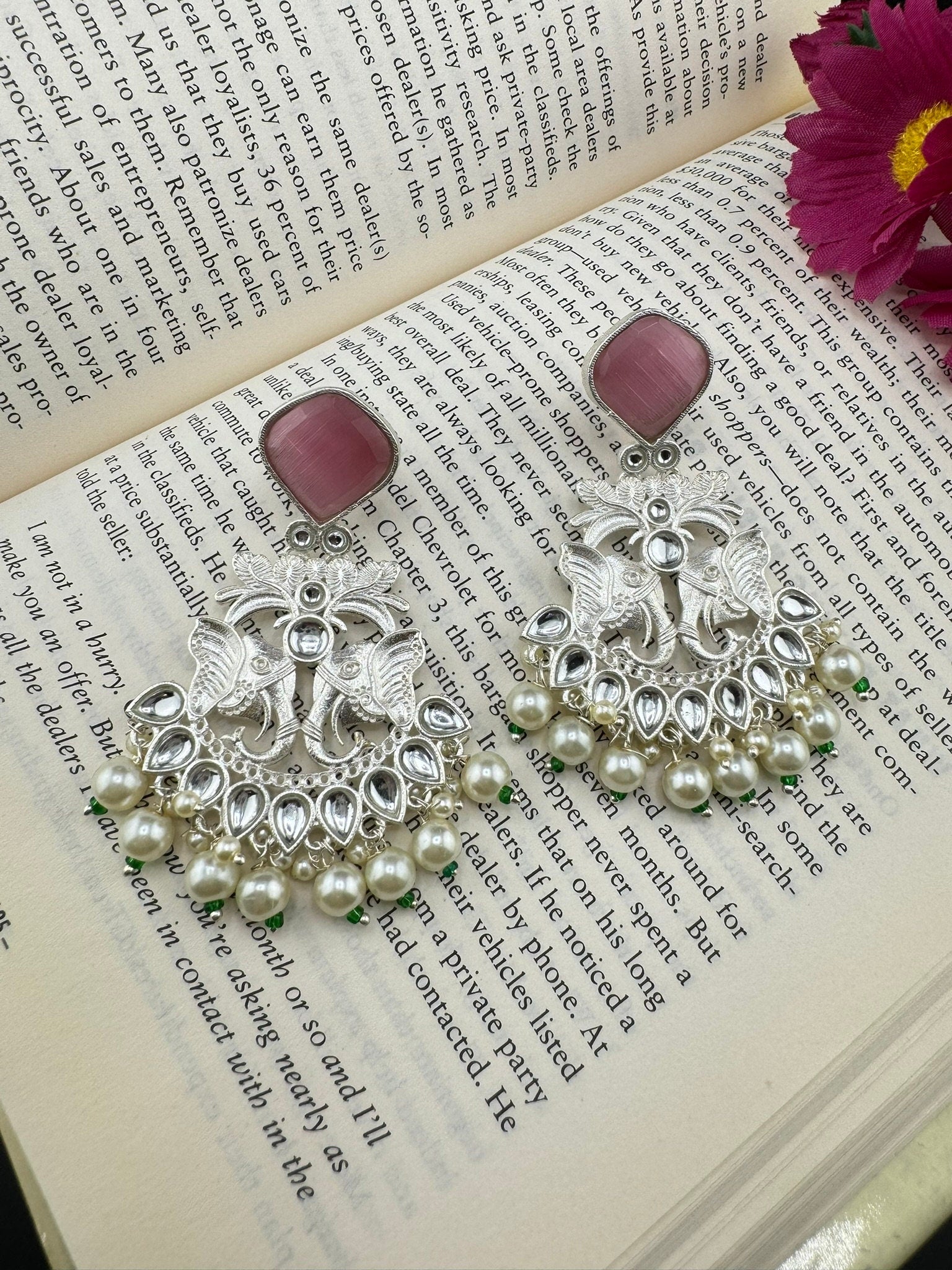 Silver Polish Premium Oxidized German silver Chand Bali with Pink stones pearls and Elephant Design/Boho Earring/Ethnic Earring