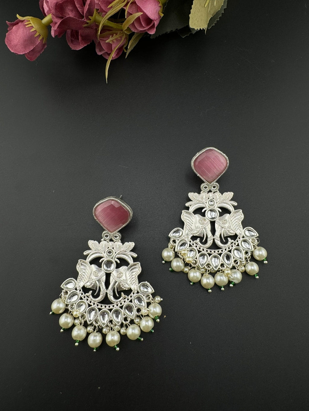 Silver Polish Premium Oxidized German silver Chand Bali with Pink stones pearls and Elephant Design/Boho Earring/Ethnic Earring