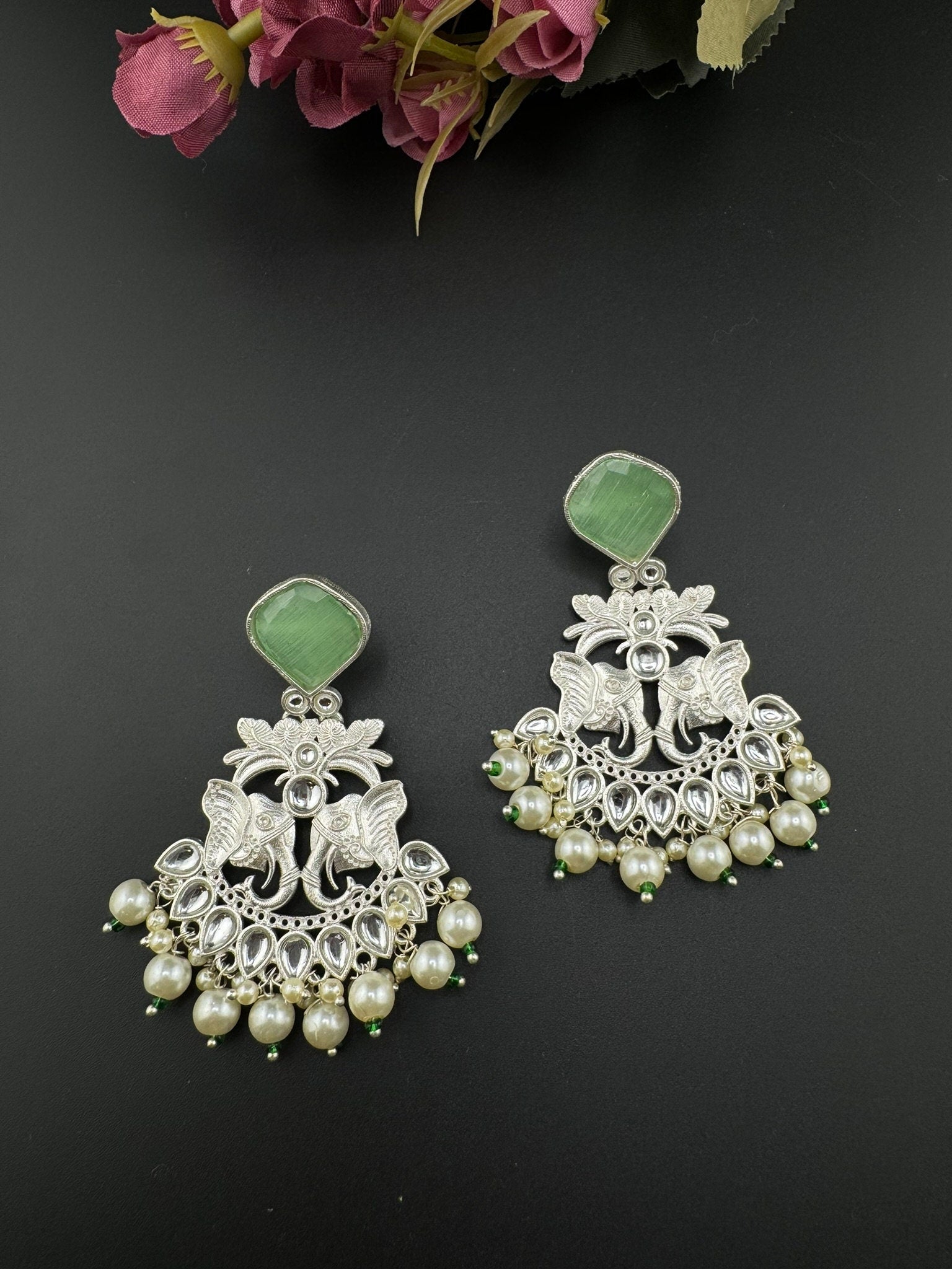 Silver Polish Premium Oxidized German silver Chand Bali with Mint/Light Green stones pearls Elephant Design/Boho Earring/Ethnic Earring