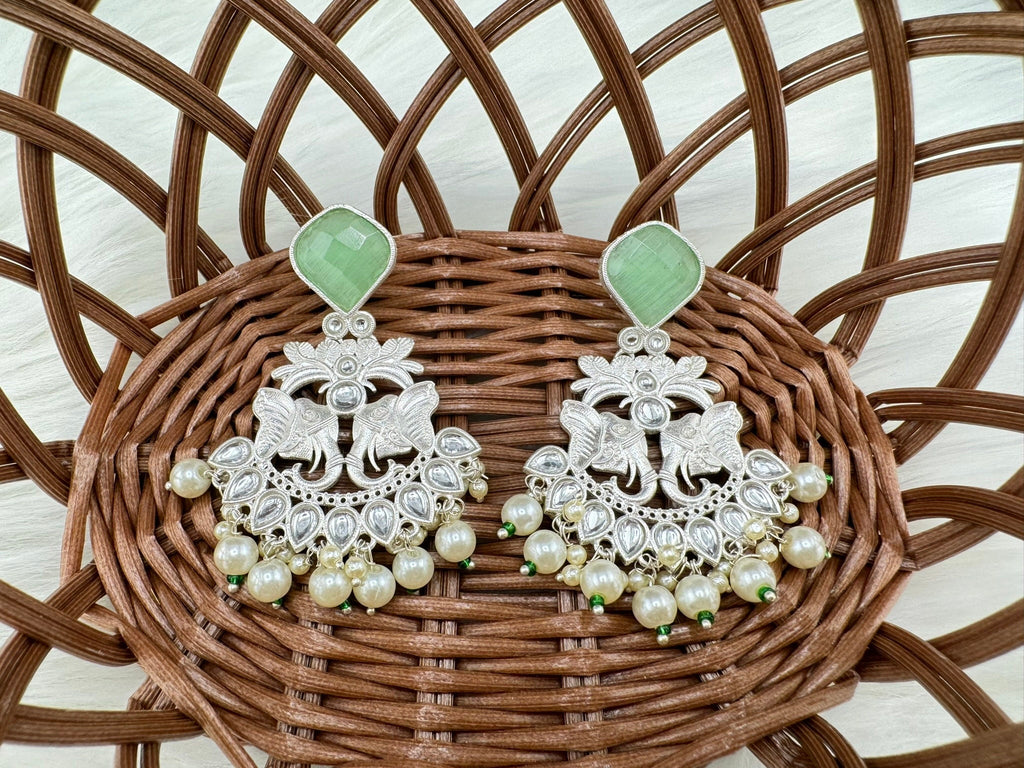 Silver Polish Premium Oxidized German silver Chand Bali with Mint/Light Green stones pearls Elephant Design/Boho Earring/Ethnic Earring