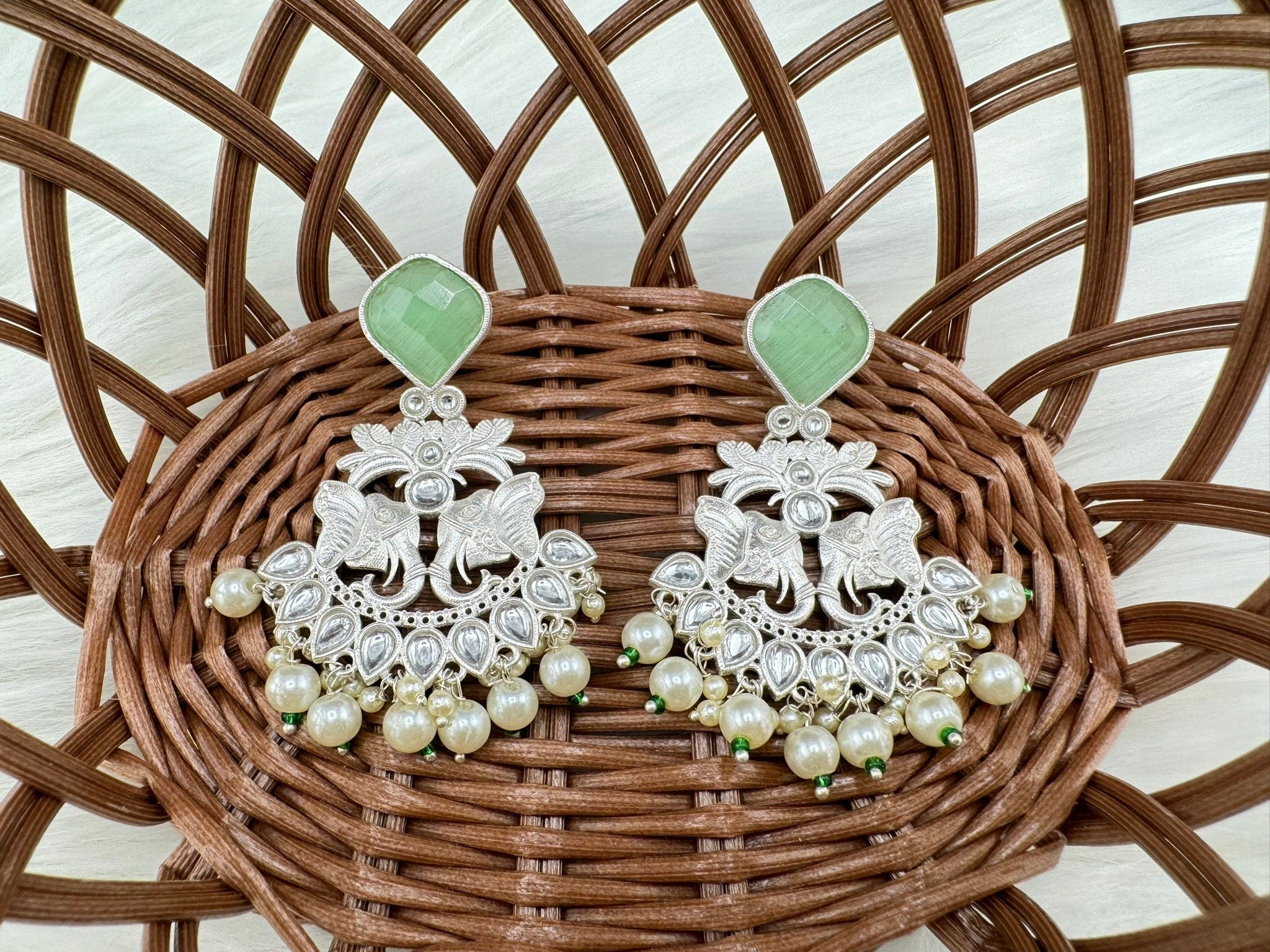 Silver Polish Premium Oxidized German silver Chand Bali with Mint/Light Green stones pearls Elephant Design/Boho Earring/Ethnic Earring