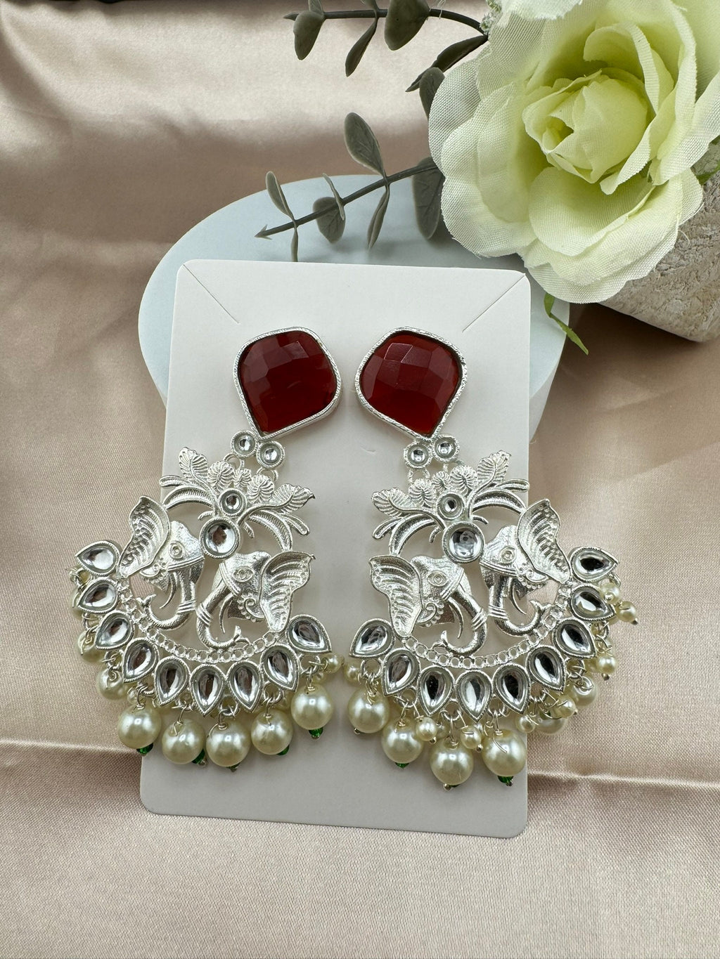Silver Polish Premium Oxidized German silver Chand Bali with Ruby Red stones pearls Elephant Design/Boho Earring/Ethnic Earring