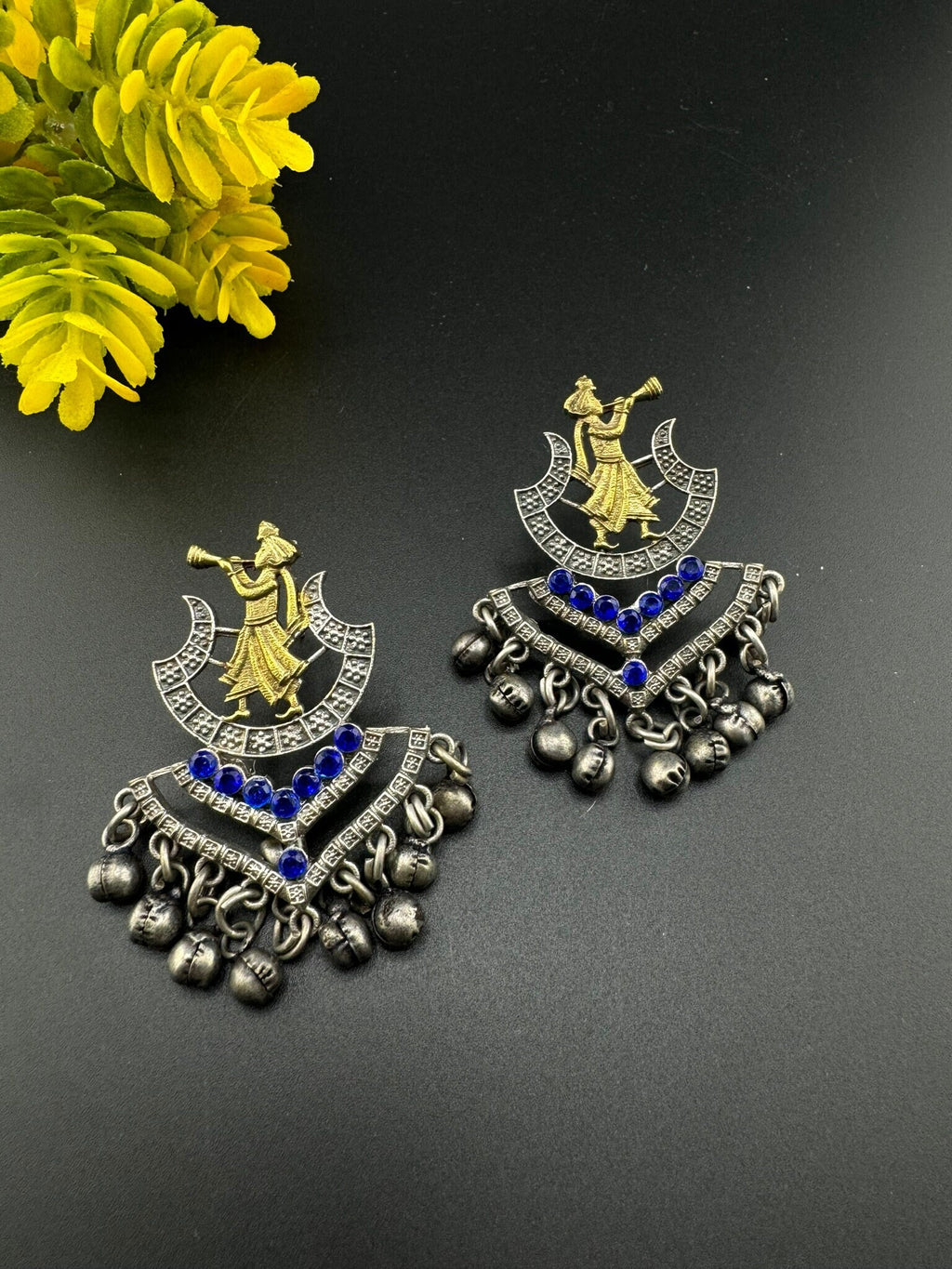 Silver Polish Oxidized German silver Blue Chand Bali with stones, Ghungroo in Baja Barati Design/Boho Earring/Ethnic Earring/Wedding earring