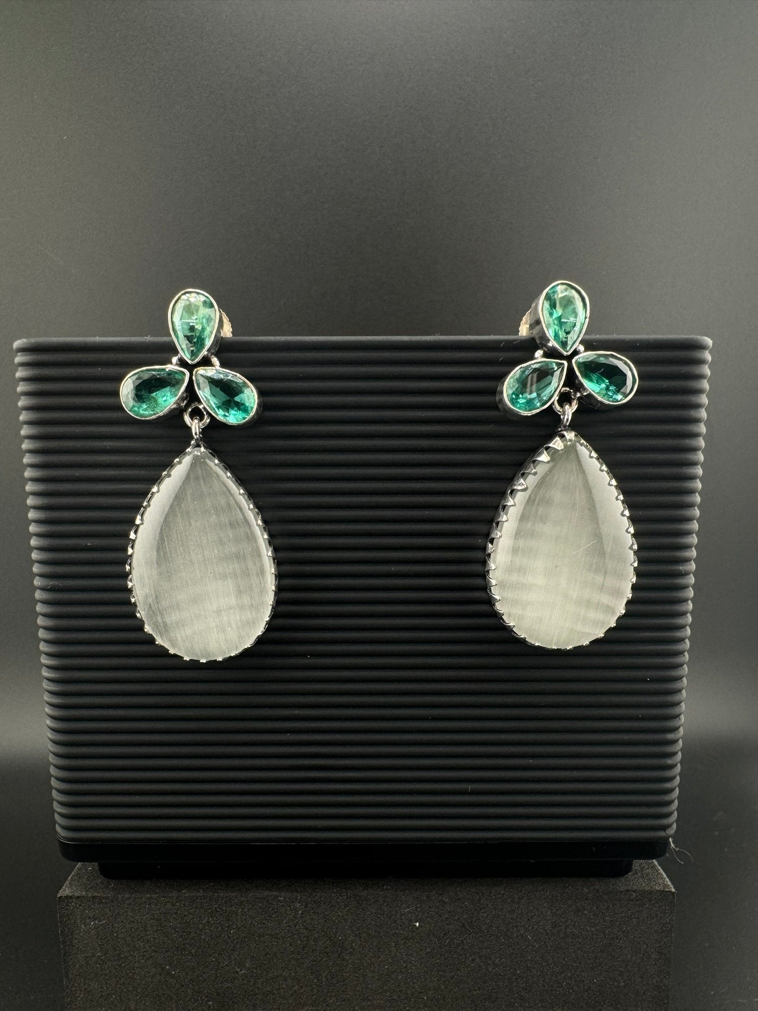 Silver Polish Oxidized German silver Teardrop earrings with White and blue stones/everyday statement earrings/Boho Earring/Ethnic Earring/