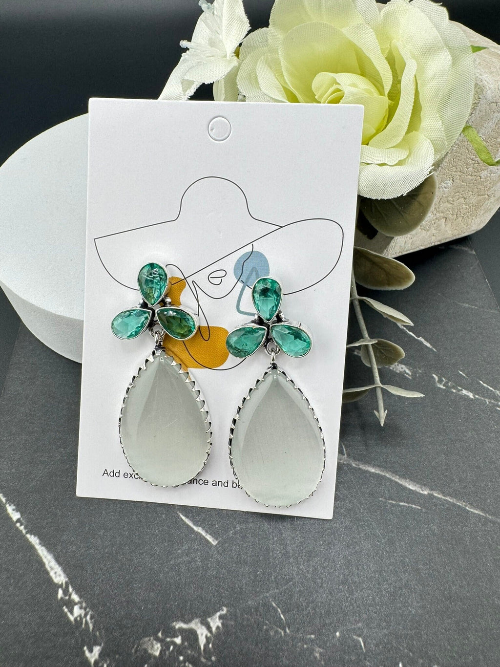 Silver Polish Oxidized German silver Teardrop earrings with White and blue stones/everyday statement earrings/Boho Earring/Ethnic Earring/