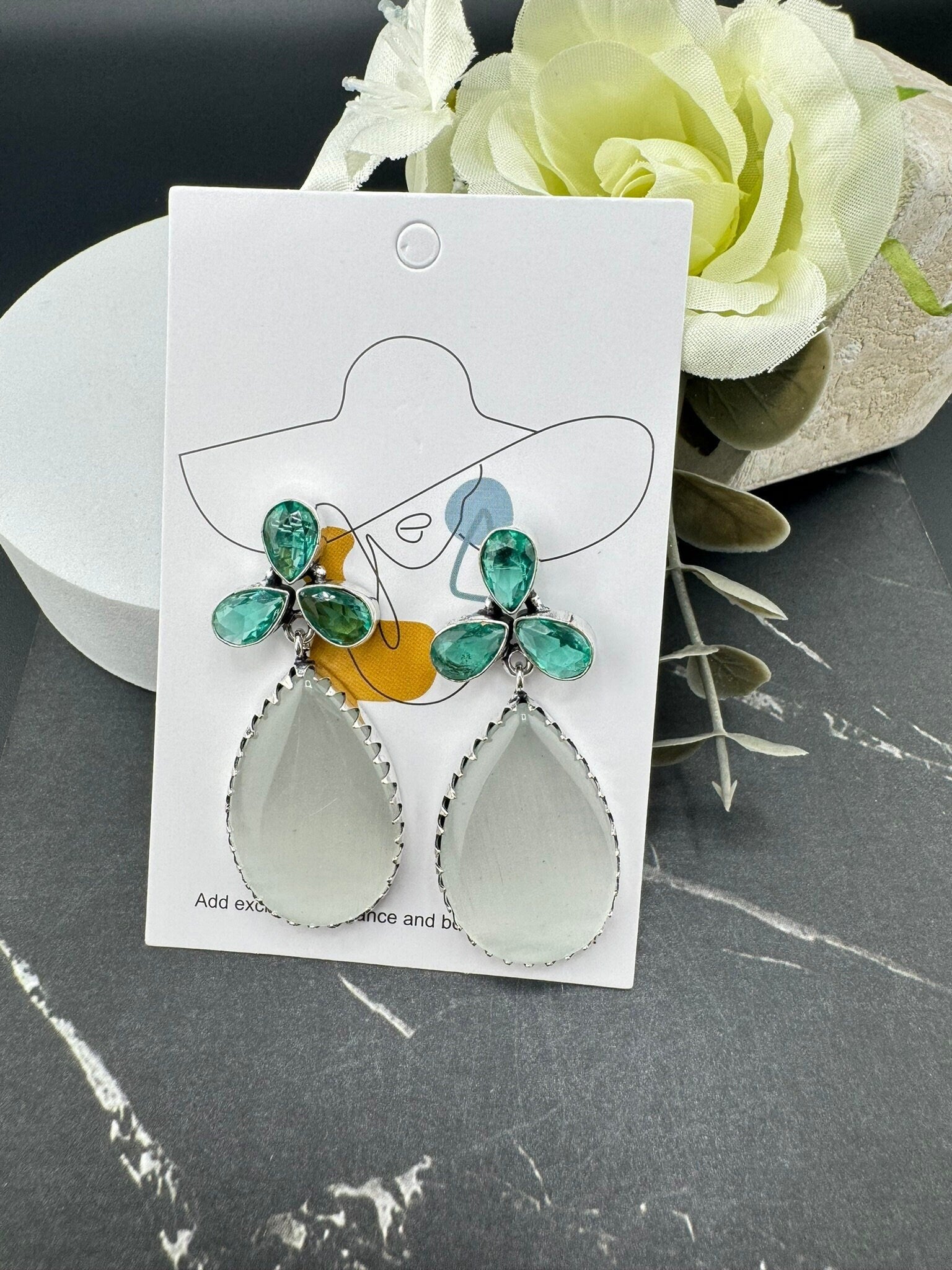 Silver Polish Oxidized German silver Teardrop earrings with White and blue stones/everyday statement earrings/Boho Earring/Ethnic Earring/