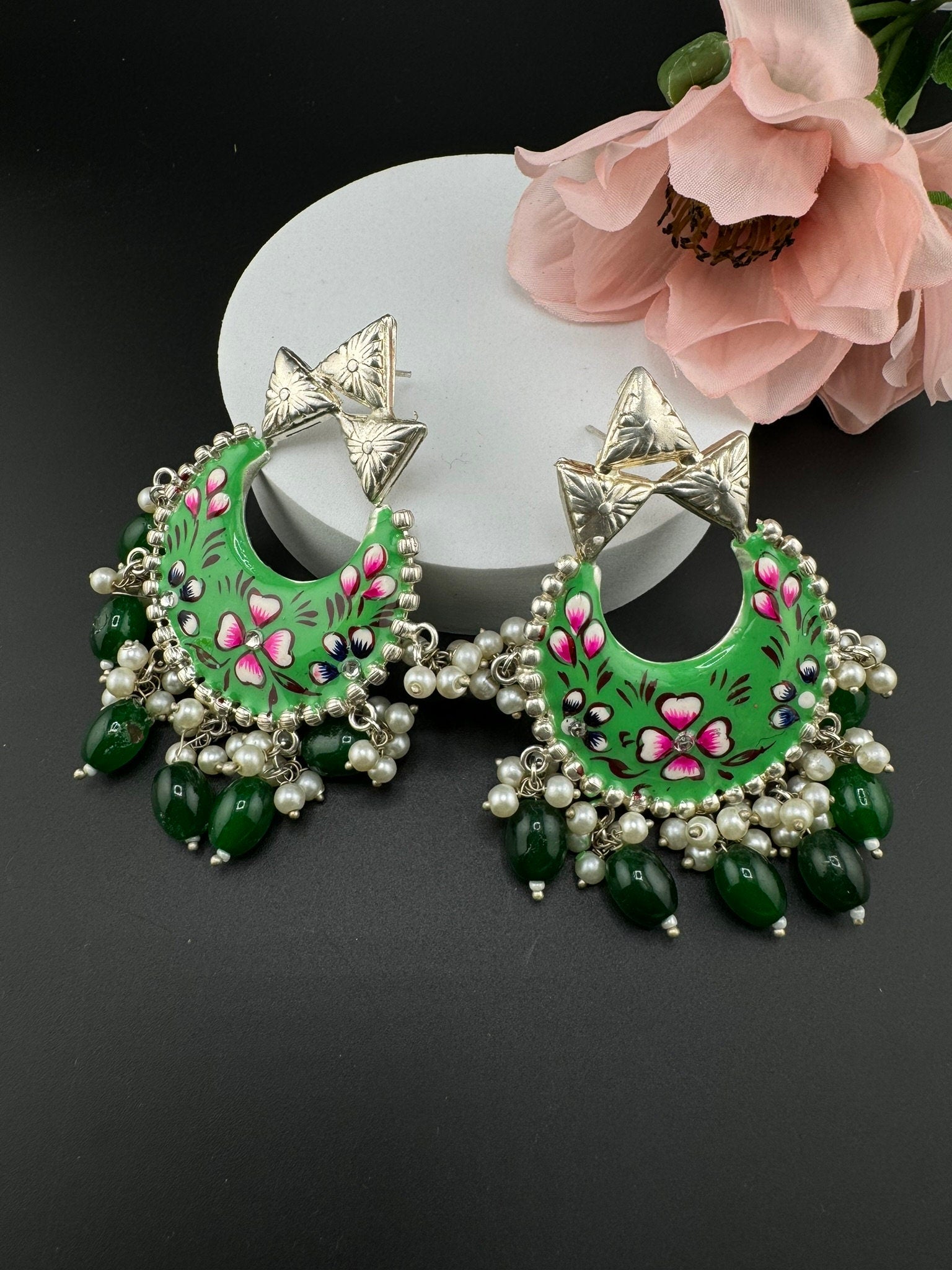 Silver Polish Premium Oxidized German silver Chand Bali Light Green Minakari pearls/Boho Earring/Ethnic Earring/has exceptional Shine