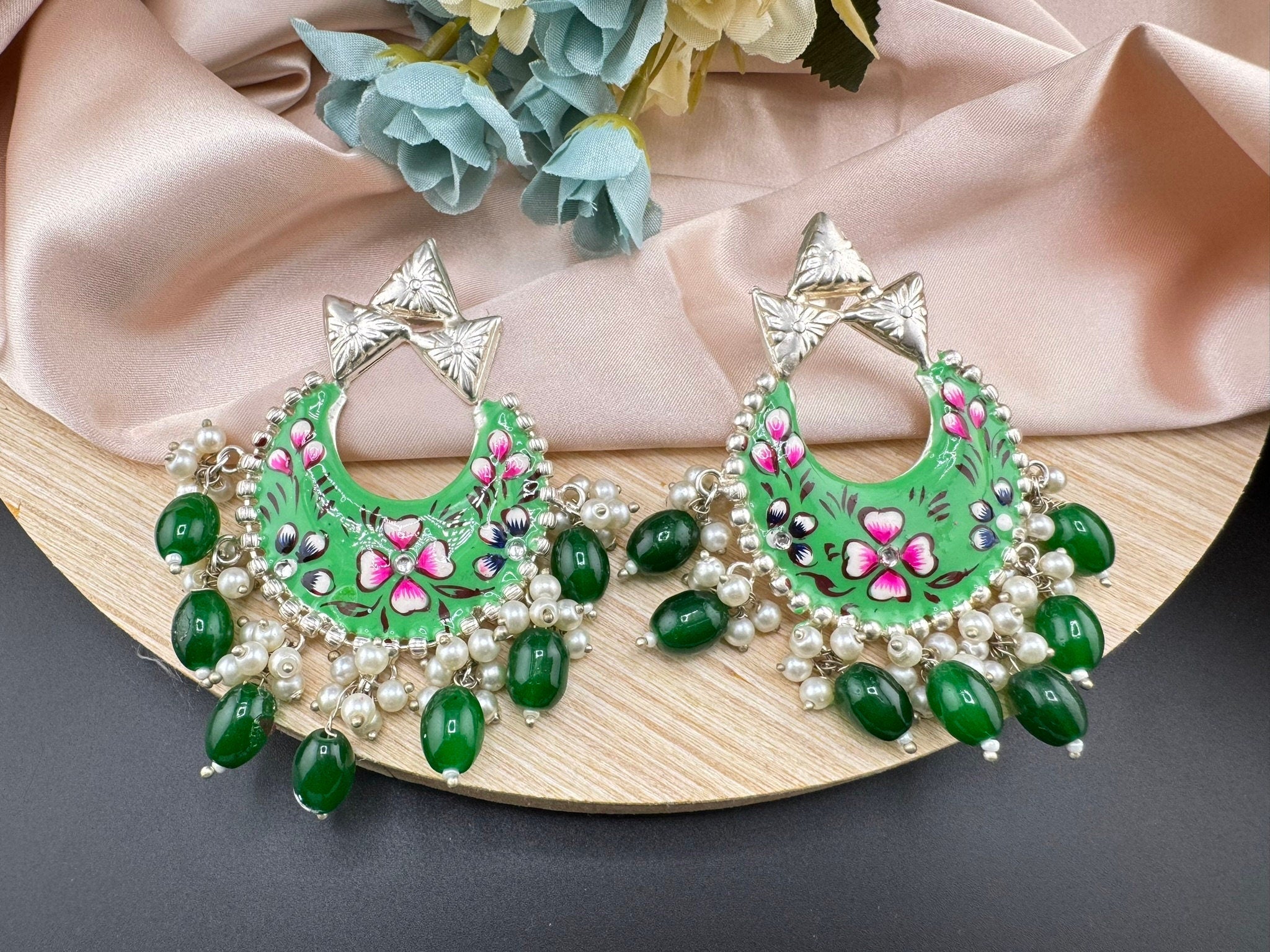 Silver Polish Premium Oxidized German silver Chand Bali Light Green Minakari pearls/Boho Earring/Ethnic Earring/has exceptional Shine