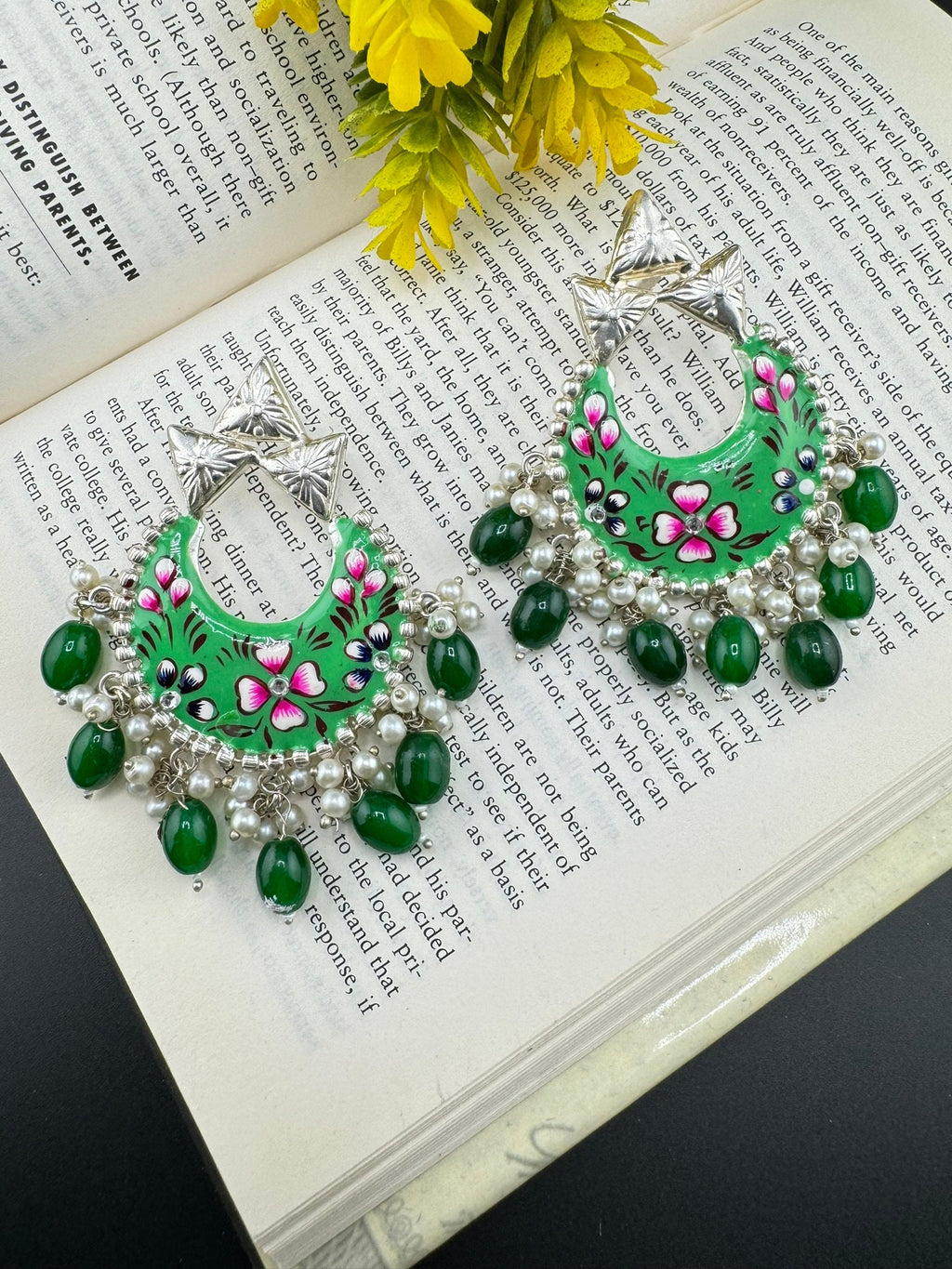 Silver Polish Premium Oxidized German silver Chand Bali Light Green Minakari pearls/Boho Earring/Ethnic Earring/has exceptional Shine