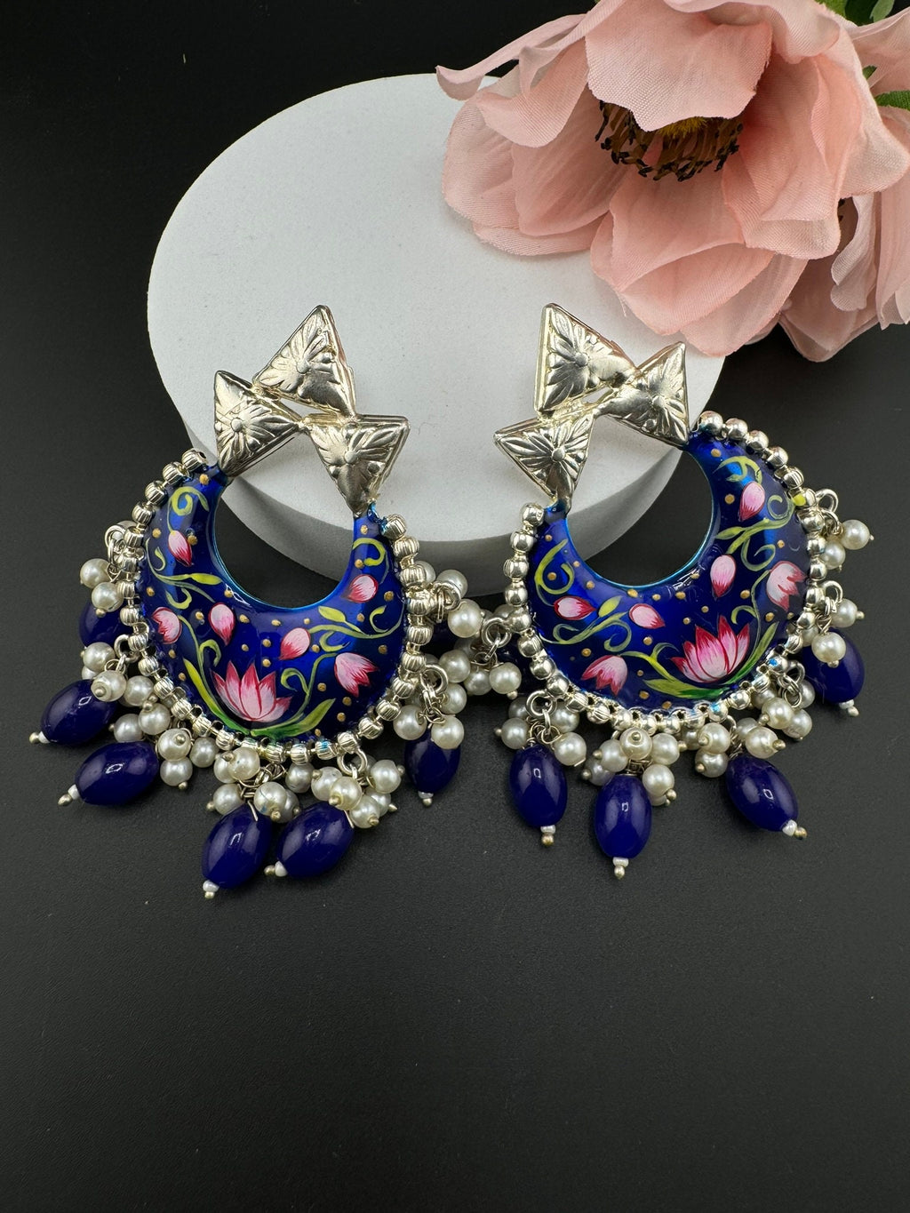Silver Polish Premium Oxidized German silver Chand Bali Royal Blue Minakari pearls/Boho Earring/Ethnic Earring/has exceptional Shine