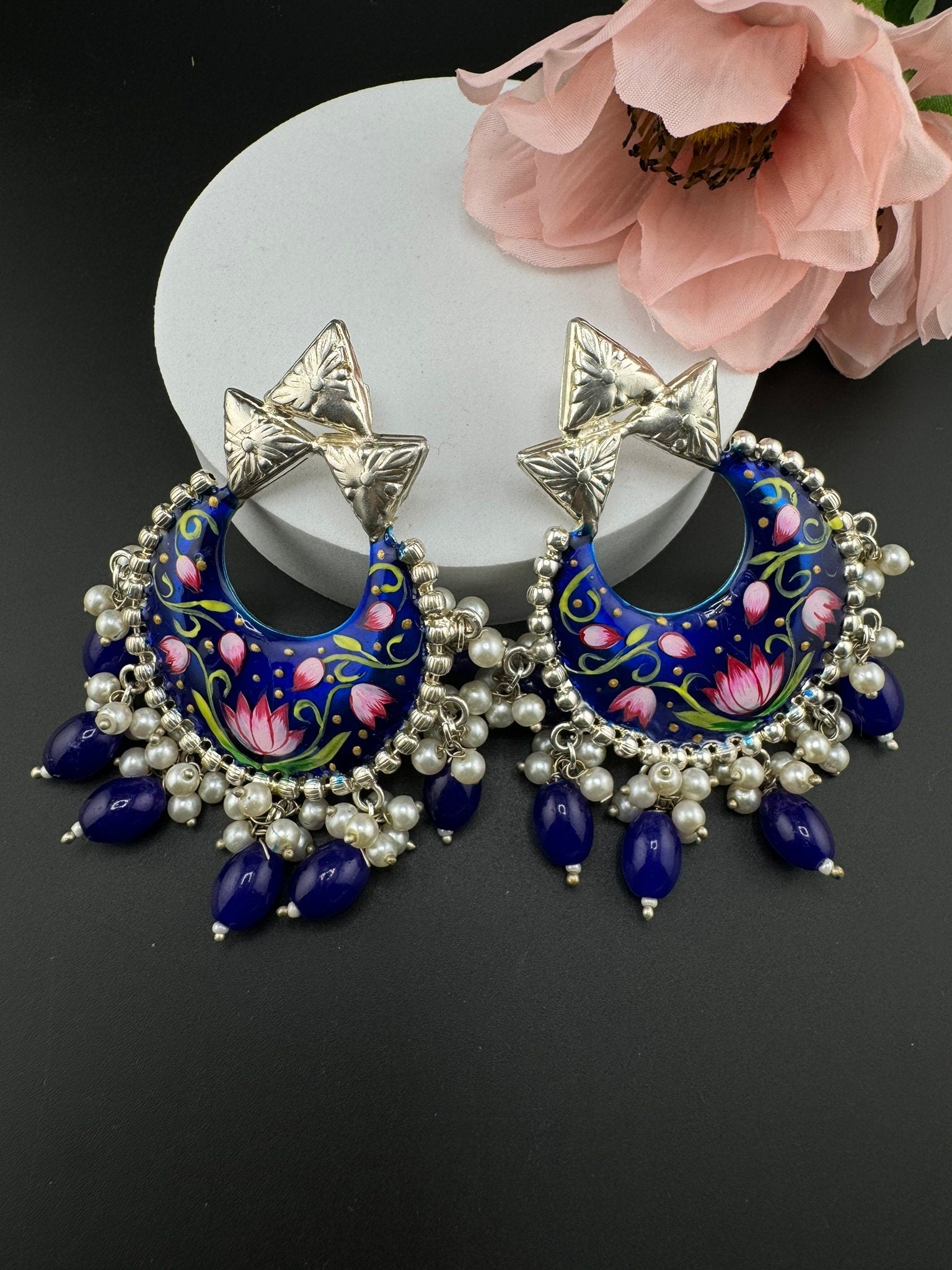 Silver Polish Premium Oxidized German silver Chand Bali Royal Blue Minakari pearls/Boho Earring/Ethnic Earring/has exceptional Shine
