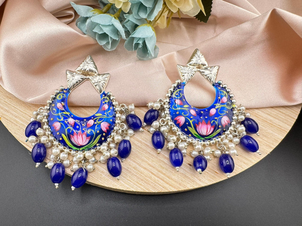 Silver Polish Premium Oxidized German silver Chand Bali Royal Blue Minakari pearls/Boho Earring/Ethnic Earring/has exceptional Shine