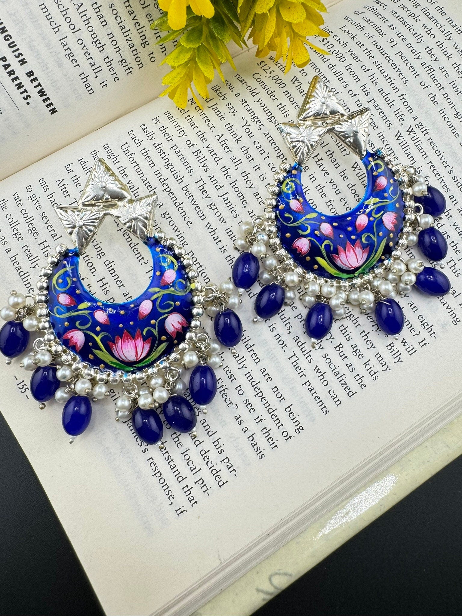 Silver Polish Premium Oxidized German silver Chand Bali Royal Blue Minakari pearls/Boho Earring/Ethnic Earring/has exceptional Shine