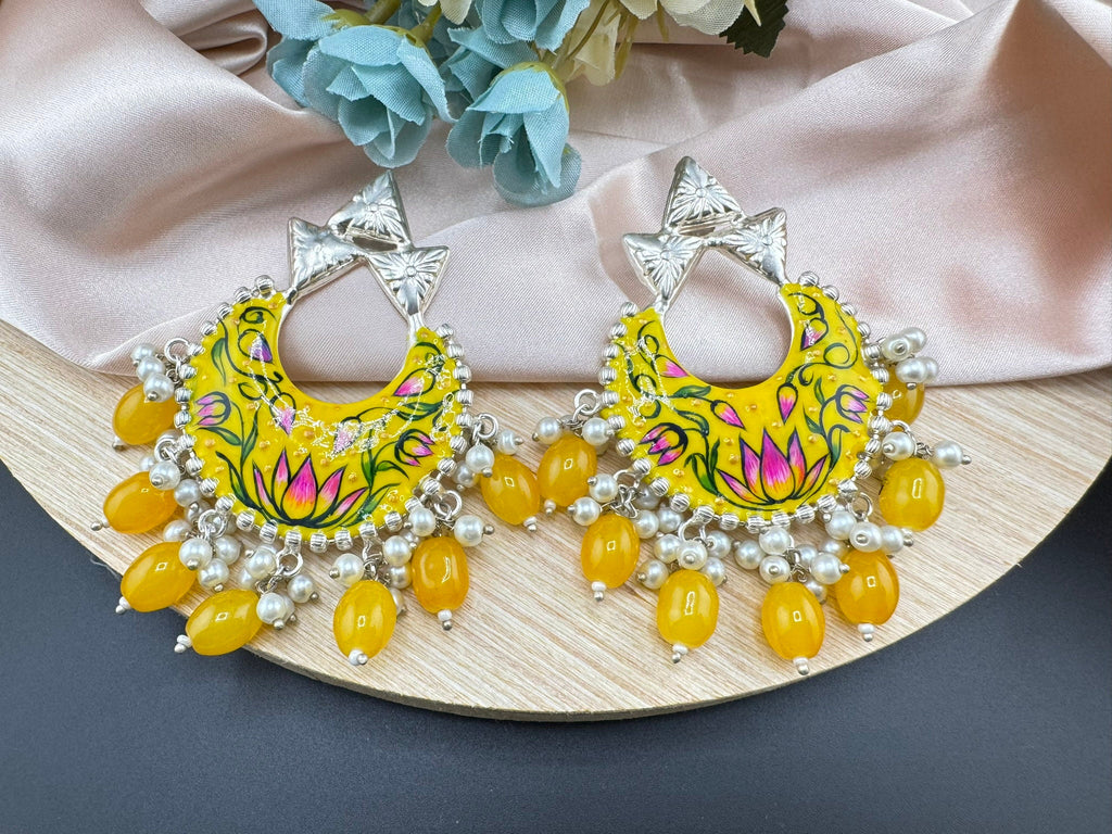Silver Polish Premium Oxidized German silver Chand Bali Yellow Minakari pearls/Boho Earring/Ethnic Earring/has exceptional Shine