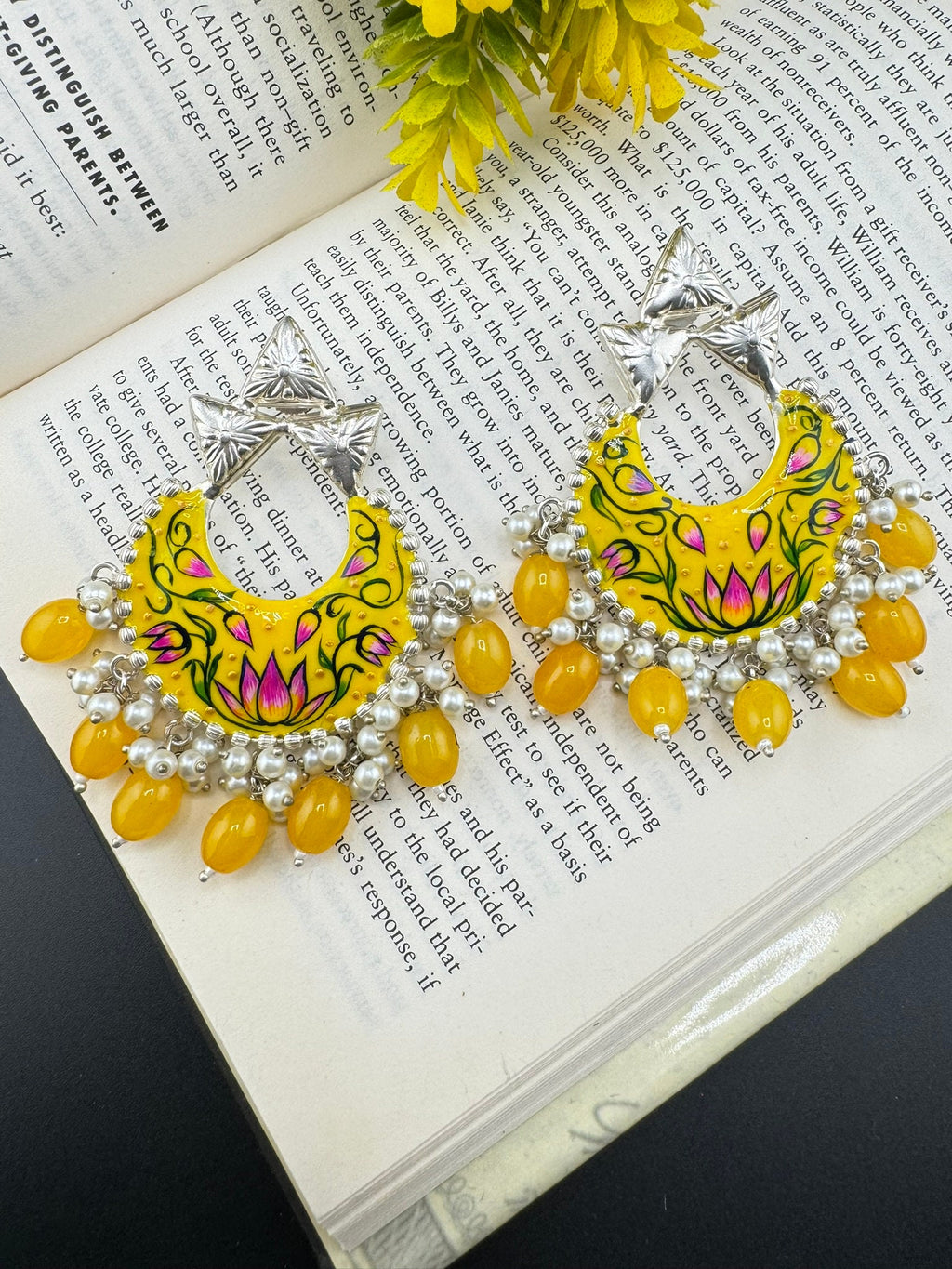 Silver Polish Premium Oxidized German silver Chand Bali Yellow Minakari pearls/Boho Earring/Ethnic Earring/has exceptional Shine