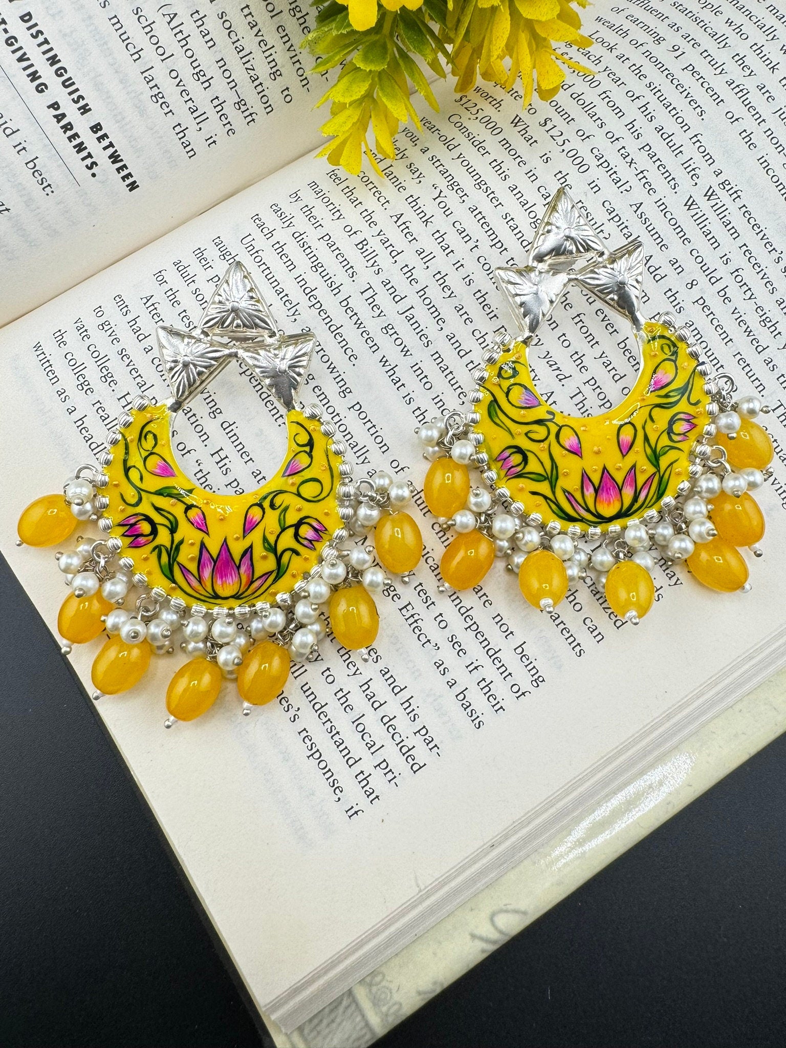 Silver Polish Premium Oxidized German silver Chand Bali Yellow Minakari pearls/Boho Earring/Ethnic Earring/has exceptional Shine