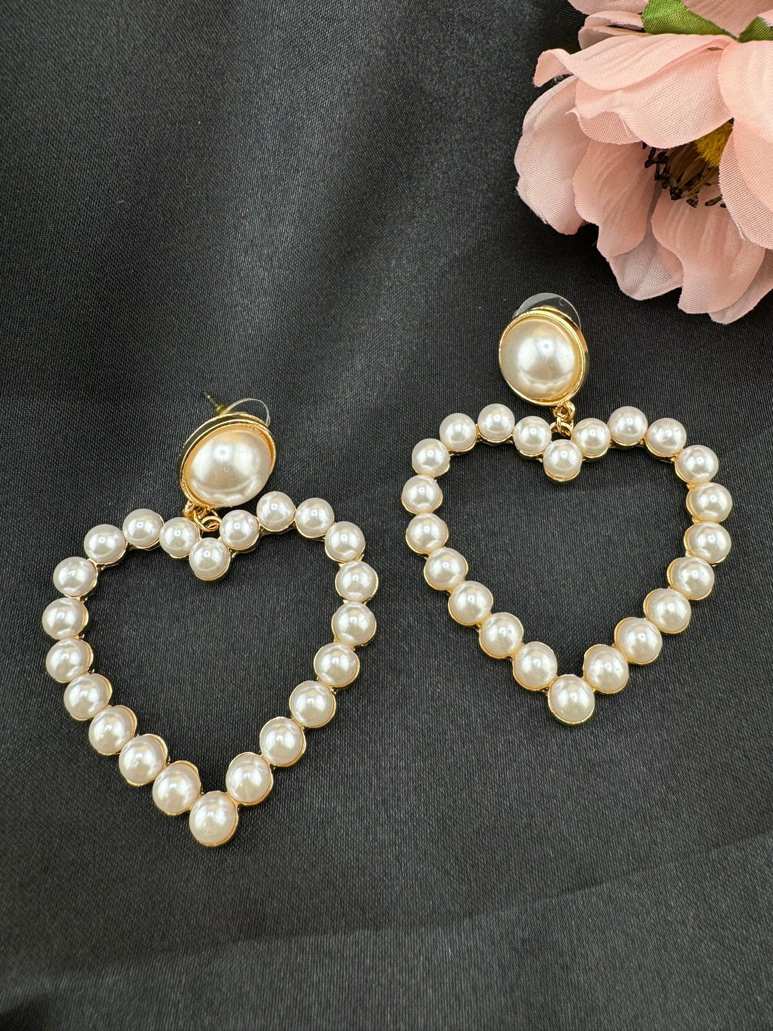 Premium Pearl Heart in Gold brass earrings/statement earrings/everyday jewelry/Indian western Earrings/unique design/modern quirky earrings