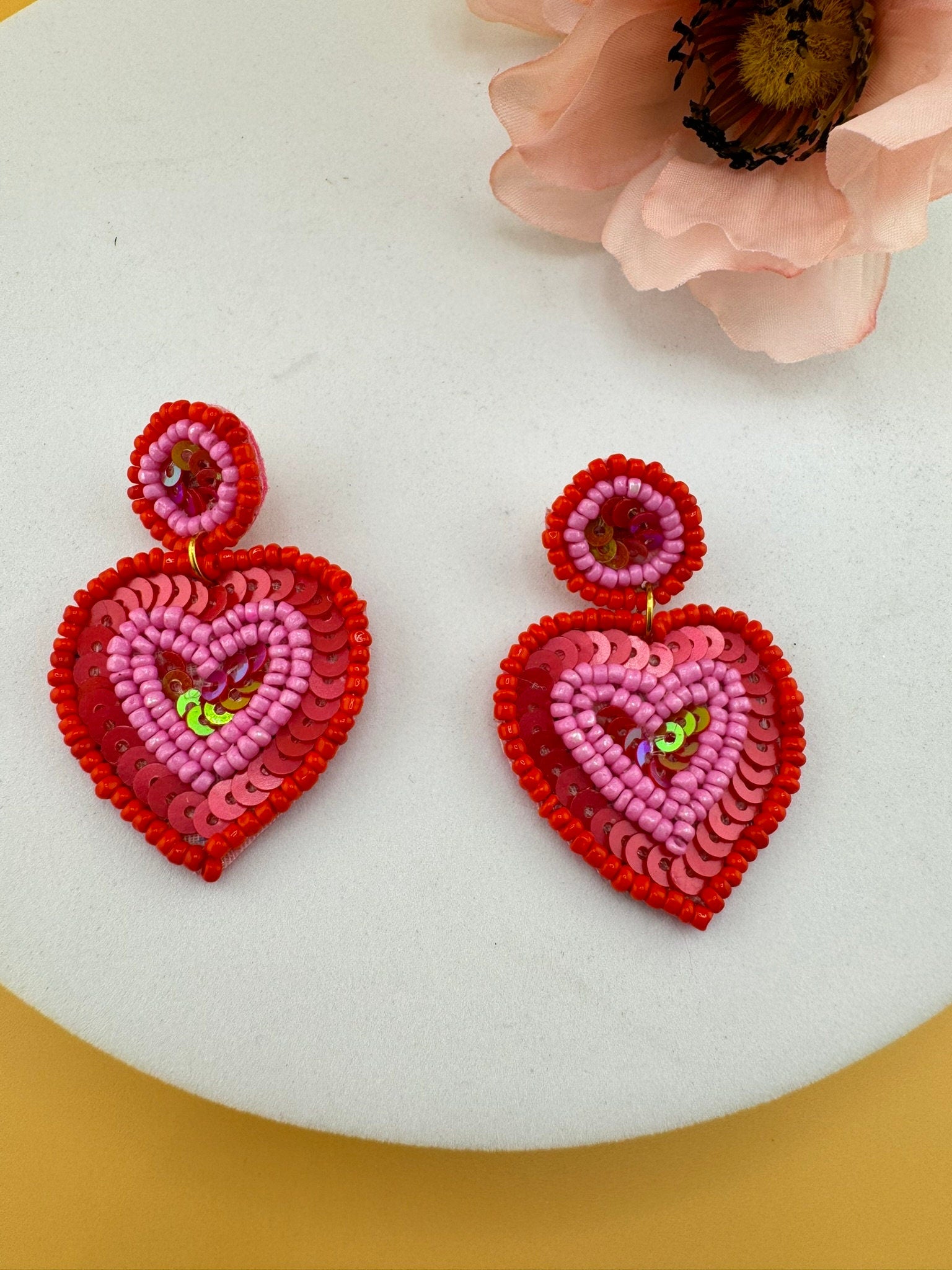 Beaded Pink and Red Heart quirky earring/Handmade earring/Statement Earring/Boho Earring/Beaded earring/Ethnic Earring/Valentines Love