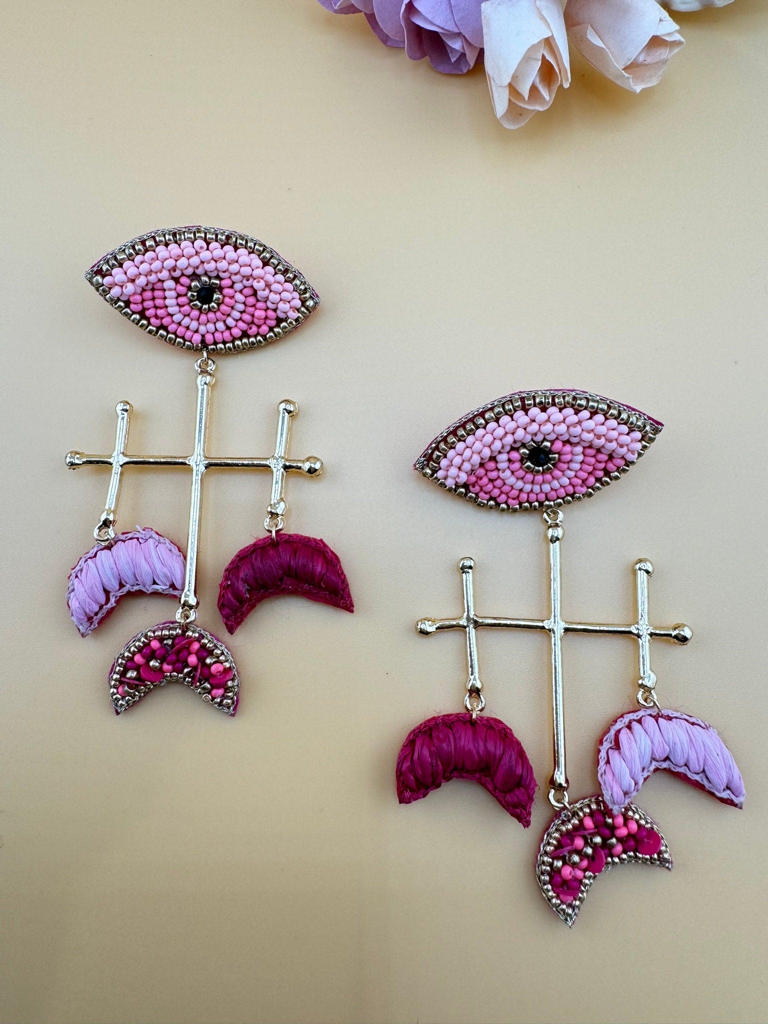 Beaded Pink Maroon and Gold Evil Eye unique quirky earring/Handmade/Statement Boho Earring/Beaded earring/Ethnic Earring/Valentines Love